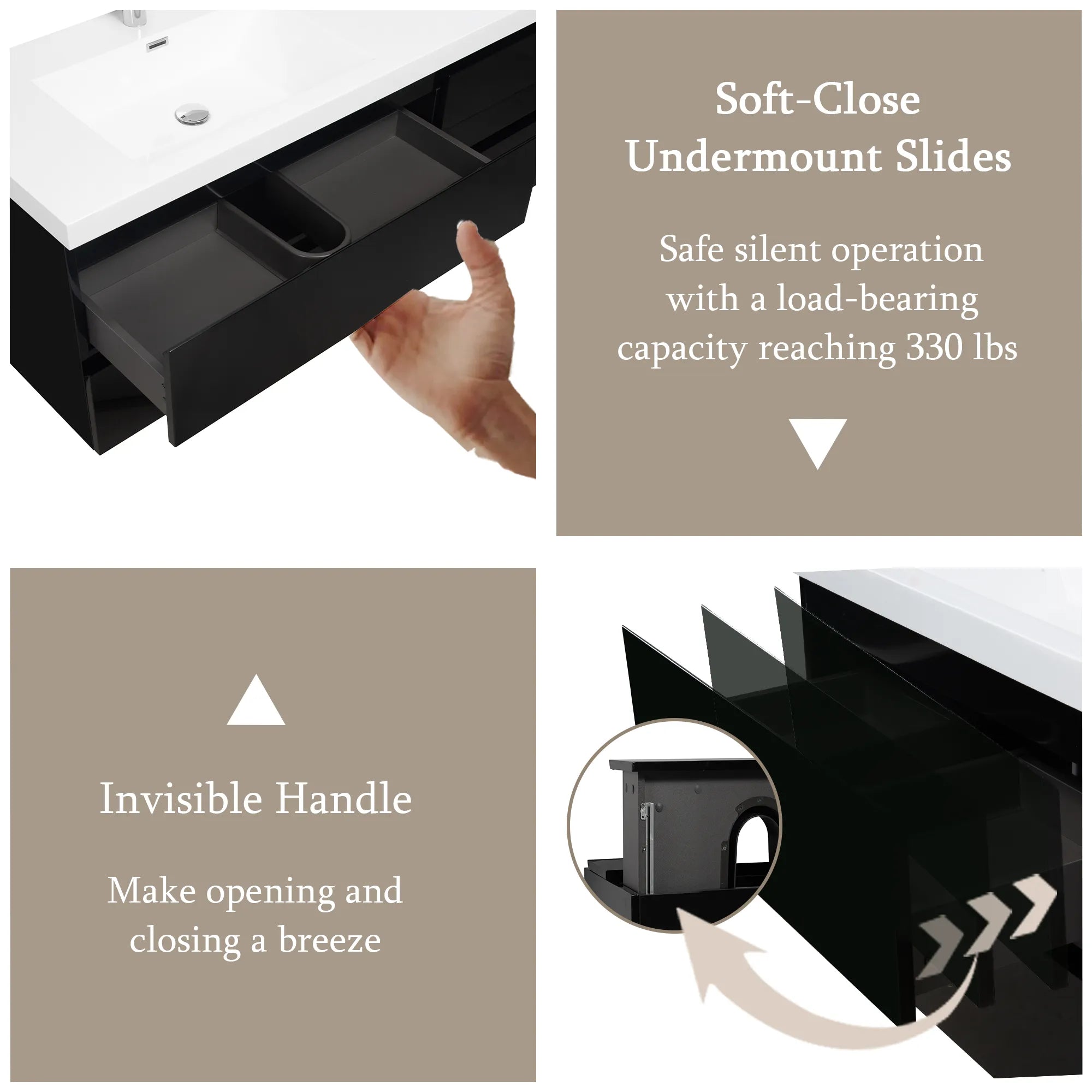Black MDF bathroom vanity with soft-close drawers and hidden handles.