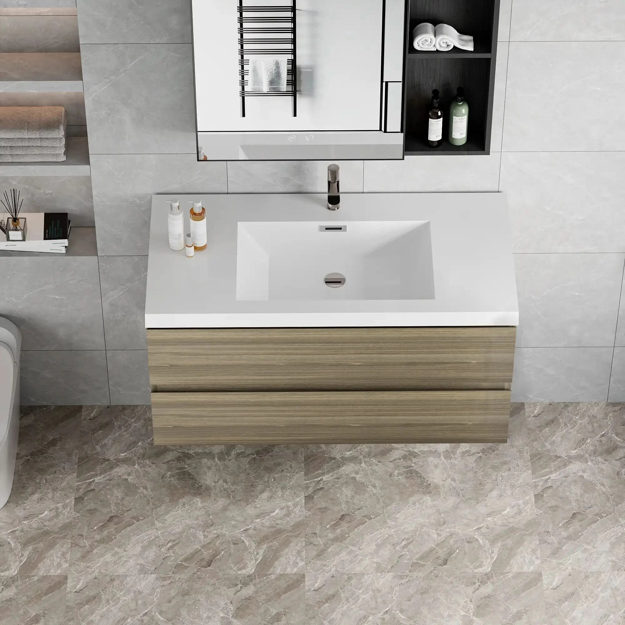 Floating Bathroom Vanity with Resin Top Basin &amp; Soft Close Drawers - Modern Wall-Mounted Storage Cabinet color: Ash Grey