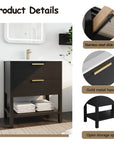 30" black vanity bathroom with white integrated sink, freestanding design and open shelf | Ace Decor