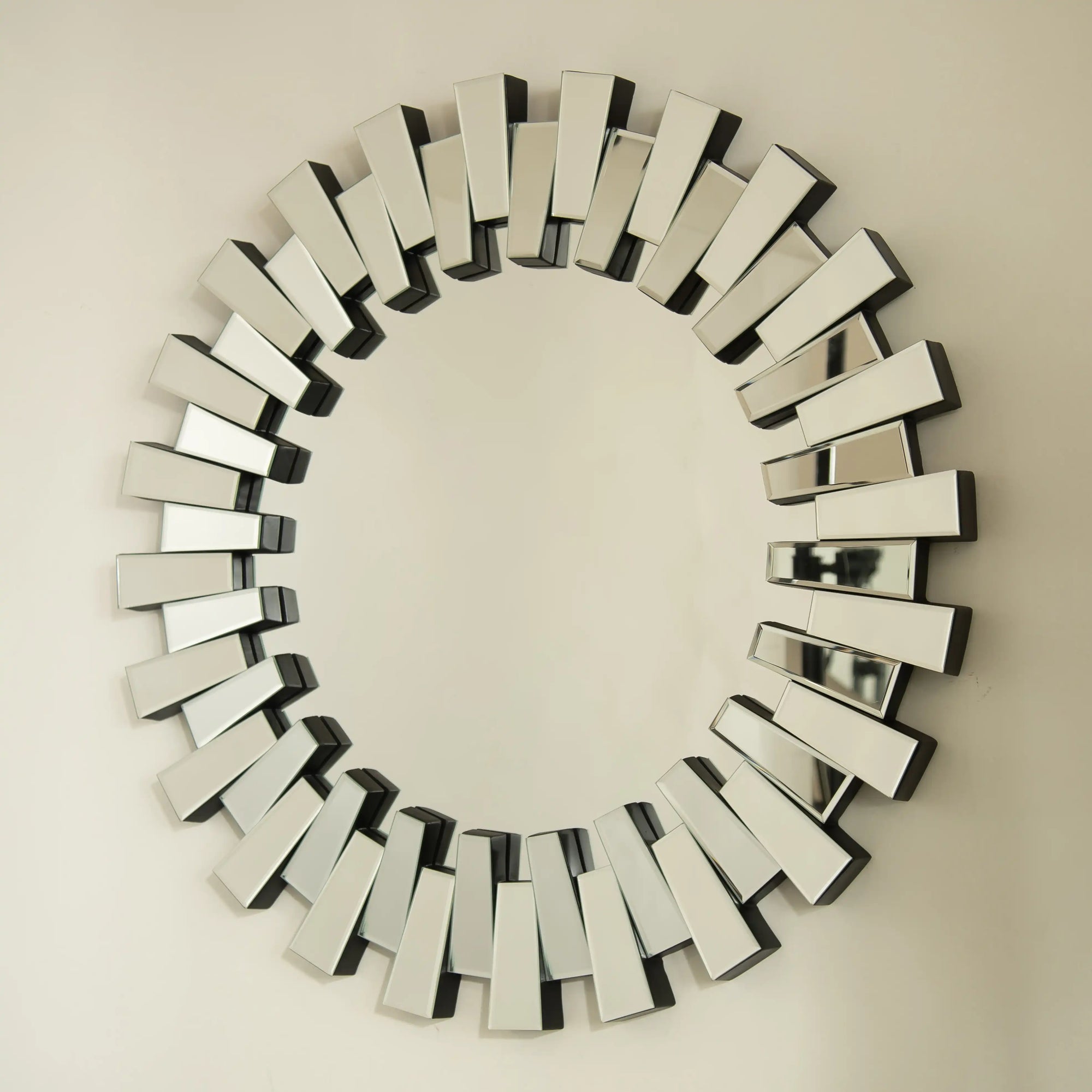 Close-up view of the 32 inch circle mirror vanity’s layered glass frame | Ace Decor