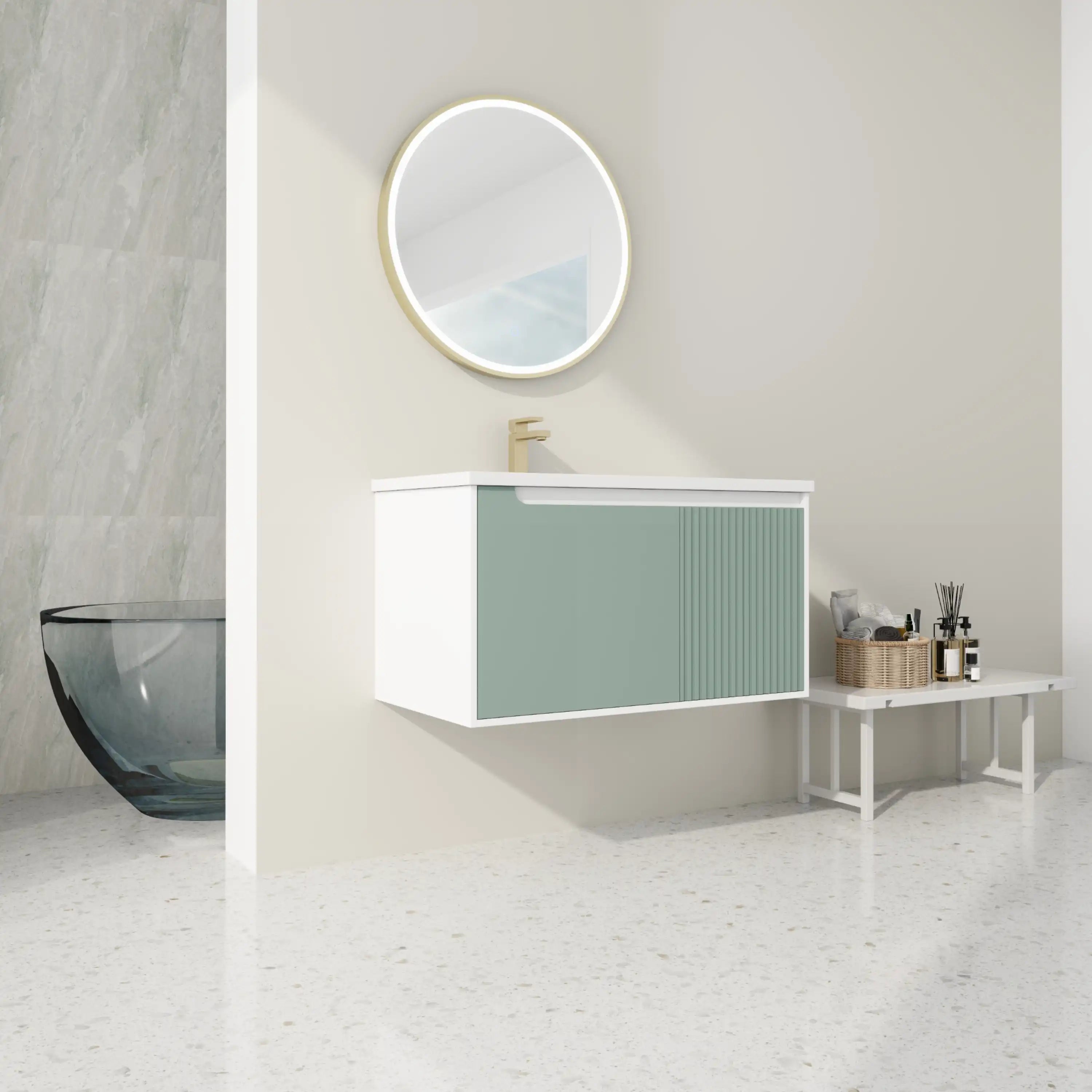 Wall-mounted AeroMint Series 36-inch bathroom vanity in spa-like bathroom setting.
