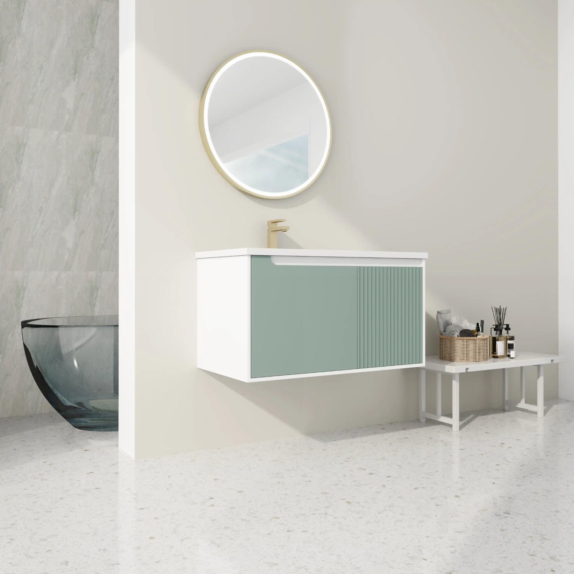 Wall-mounted 36 bathroom vanity sink in mint green bathroom setting | Ace Decor