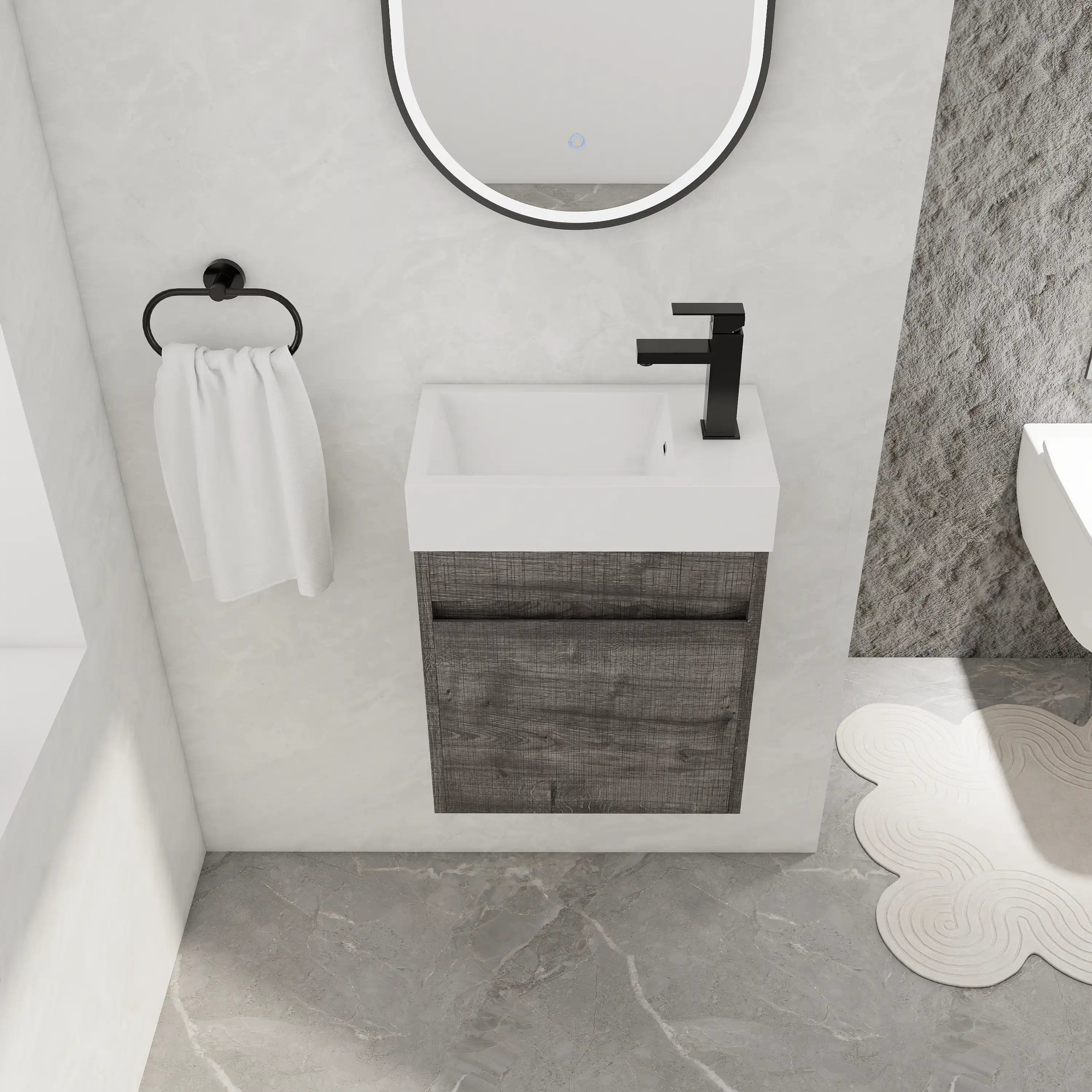 Aeris Series 18" Plaid Grey wall-mounted vanity with integrated white sink and matte black faucet, slightly overhead view in modern bathroom setting.