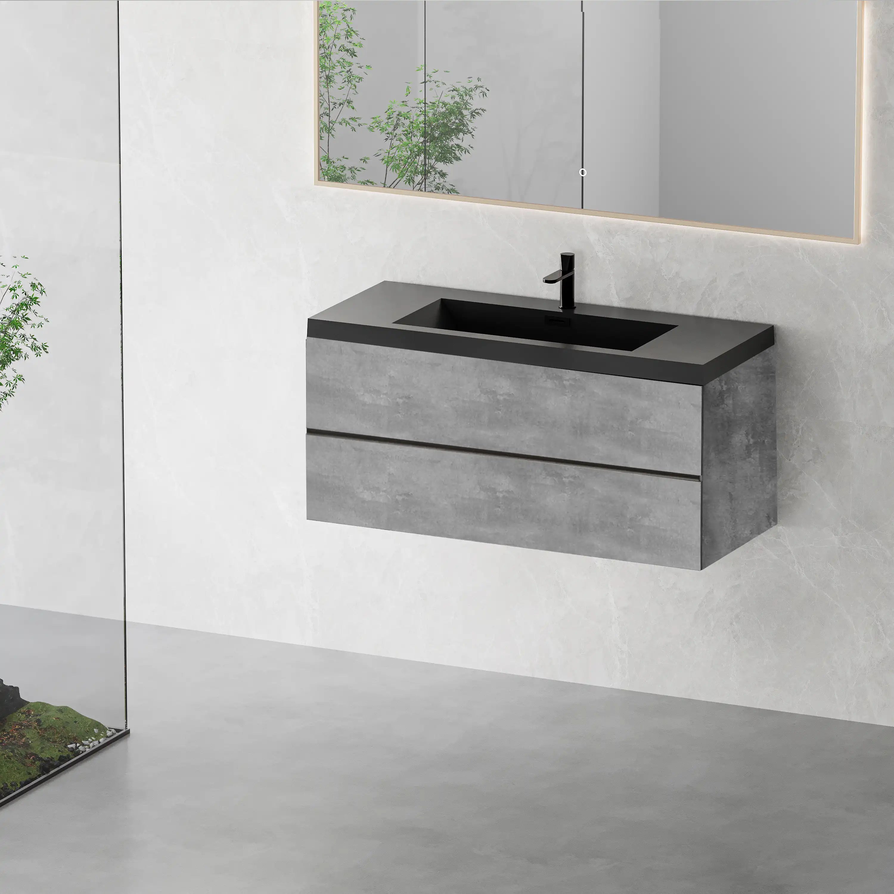 23''-47'' Floating Dark Grey Corner Vanity with Matte Black Sink - 2 Soft Close Drawers