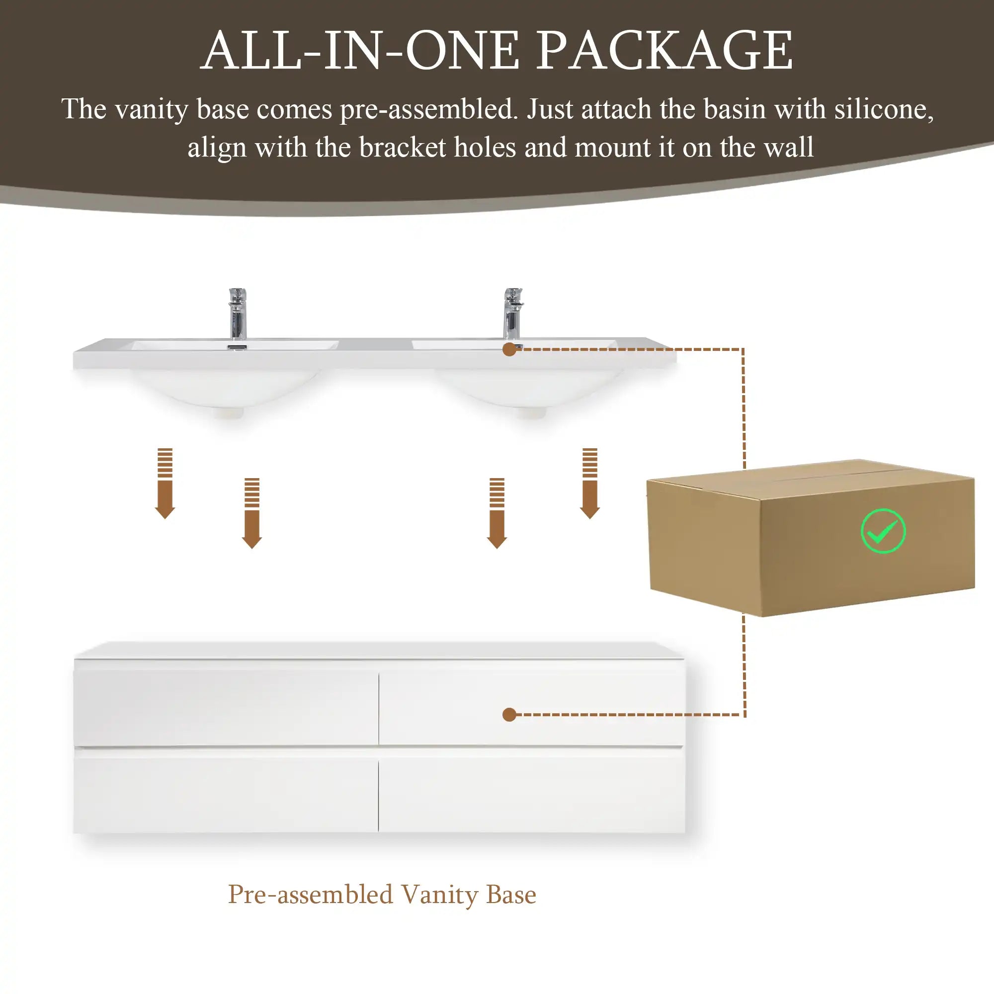 72 inch pre-assembled wall-mounted bathroom vanity with pre-drilled mounting holes.