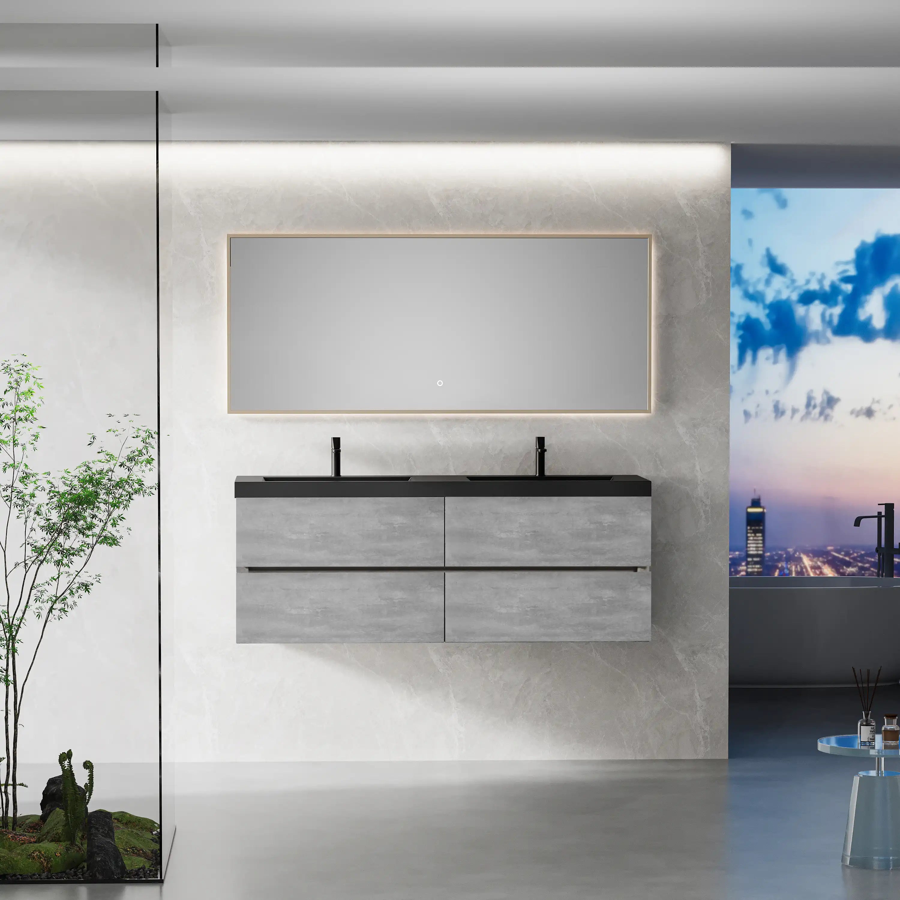Dark grey double-sink floating bathroom vanity display image