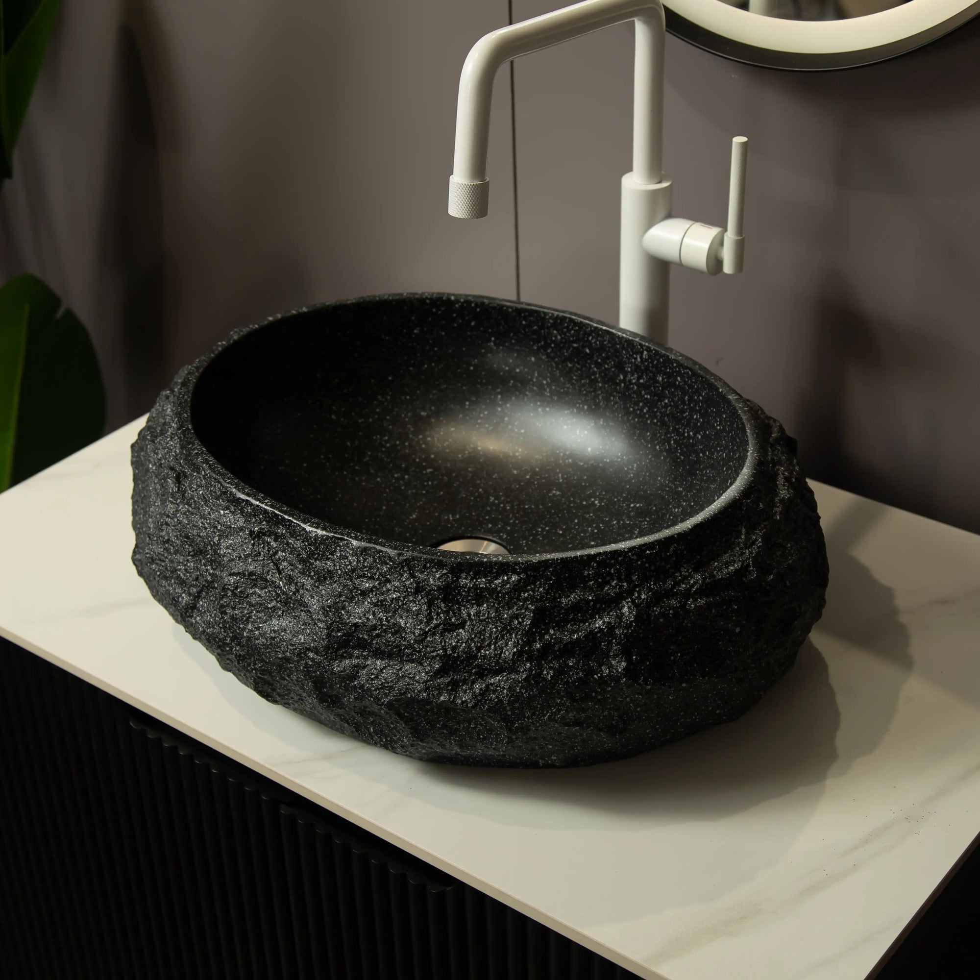 Astra Series 18&quot; Oval Sculpted Resin Stone Vessel Basin - Onyx Black