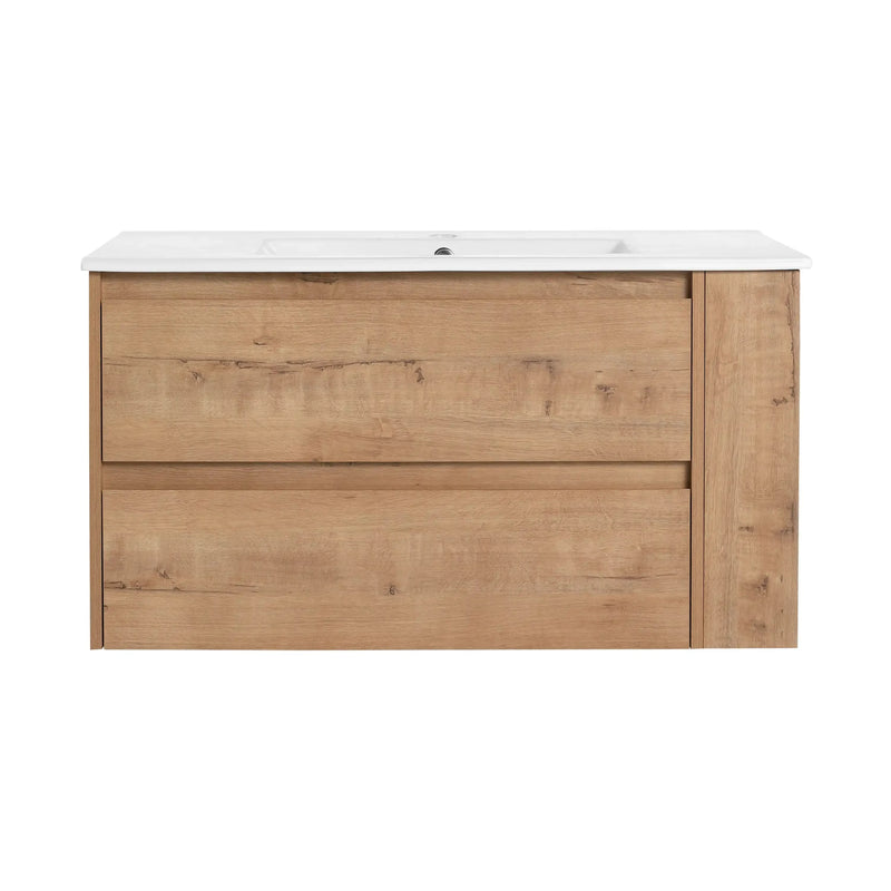30" & 36" Imitative Oak Wall-Mounted Bathroom Vanity with Gel Sink - 2 Drawers & Side Shelves