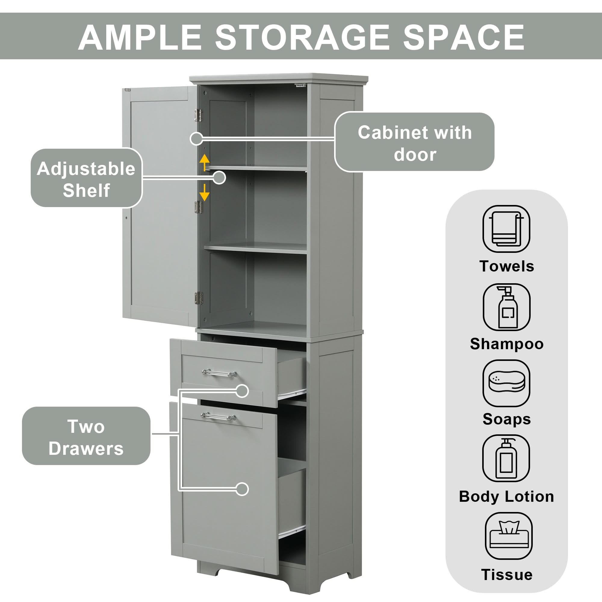 Grey Valmor 68.1 inch tall bathroom storage cabinet with two drawers and three shelves.