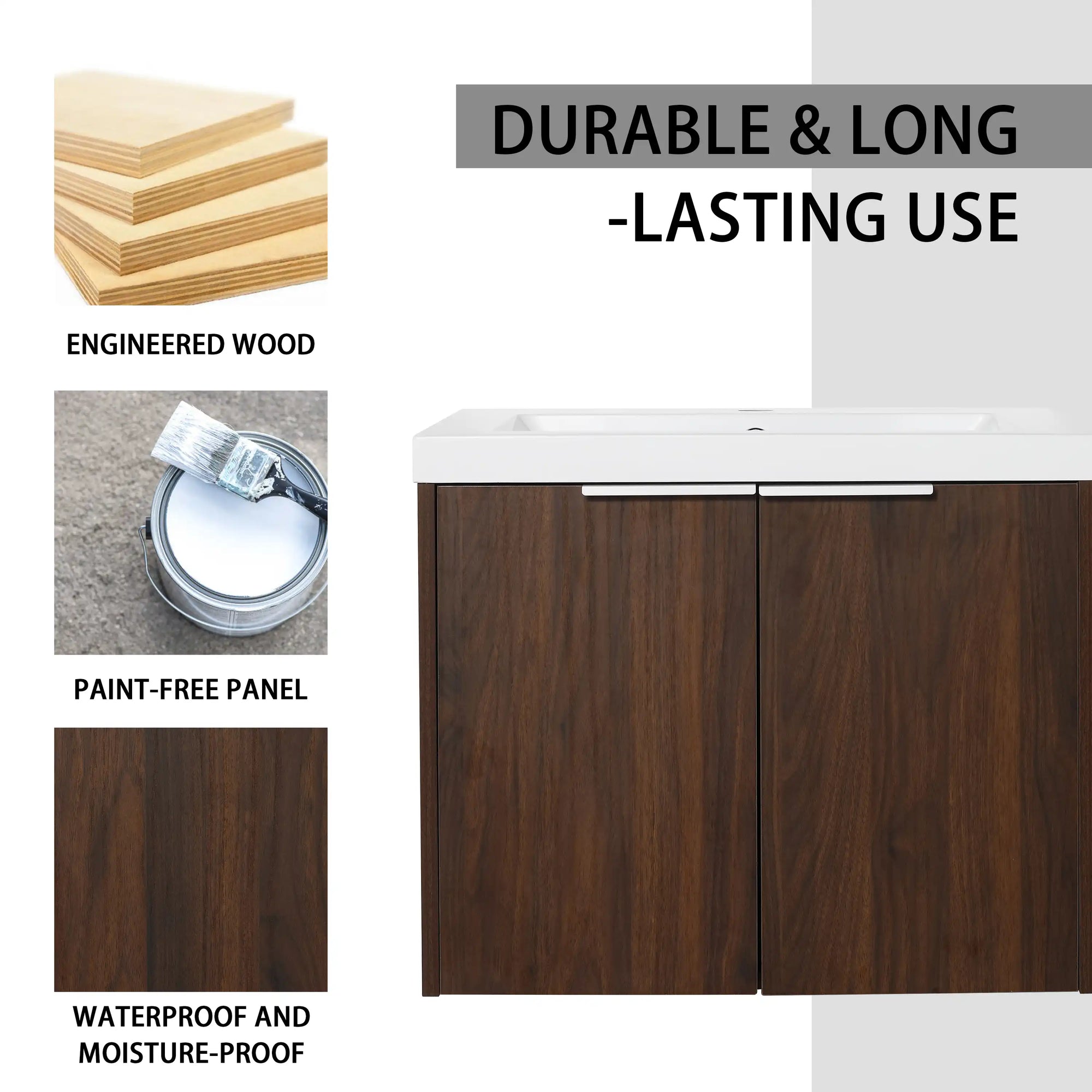 24" bathroom vanity walnut durable engineered wood waterproof construction | Ace Decor