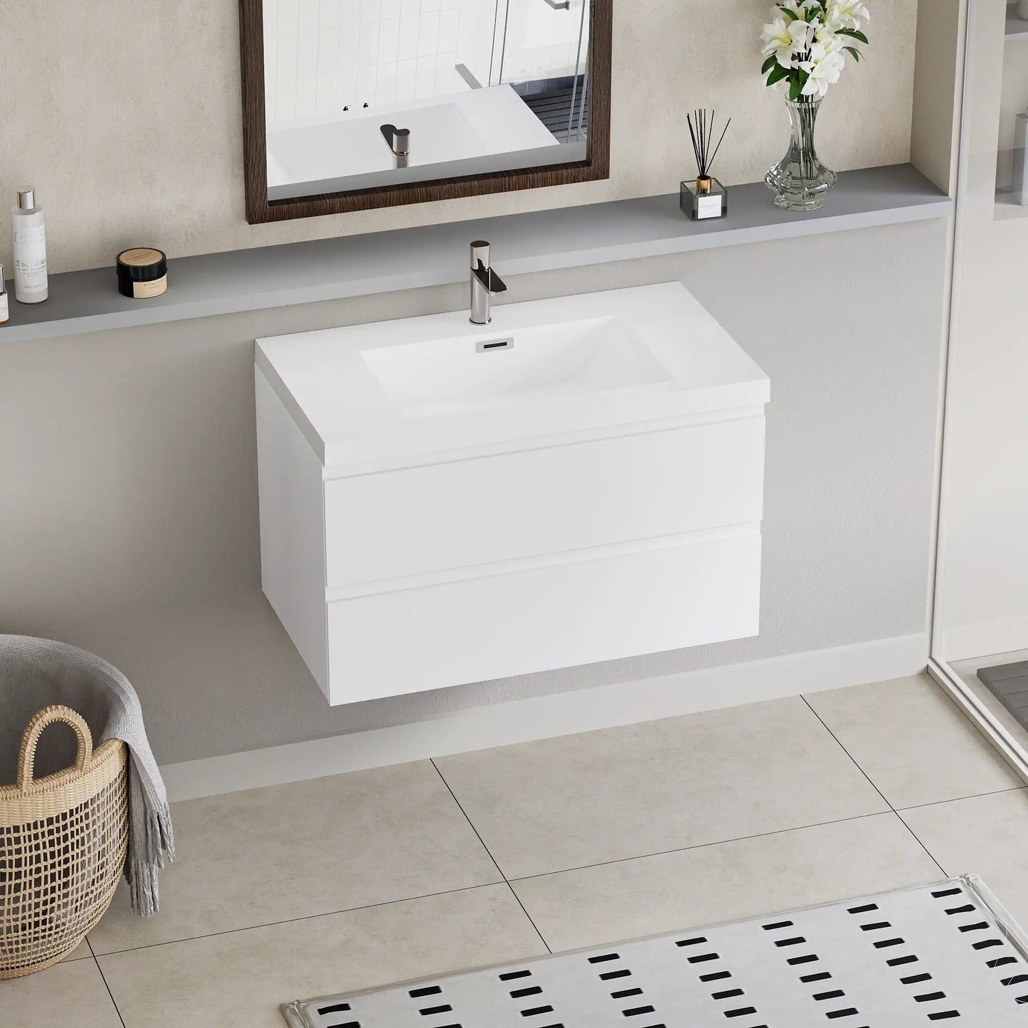 Floating Bathroom Vanity with Resin Top Basin & Soft Close Drawers - Modern Wall-Mounted Storage Cabinet color: Glossy White