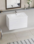 Floating Bathroom Vanity with Resin Top Basin & Soft Close Drawers - Modern Wall-Mounted Storage Cabinet color: Glossy White