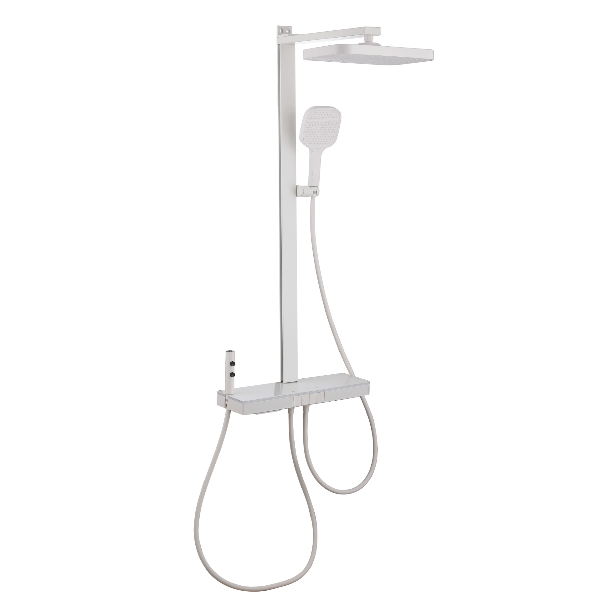 Modern white Shower Panel System featuring a square rain shower, handheld sprayer, and integrated control bar for sleek functionality. | ACE DECOR