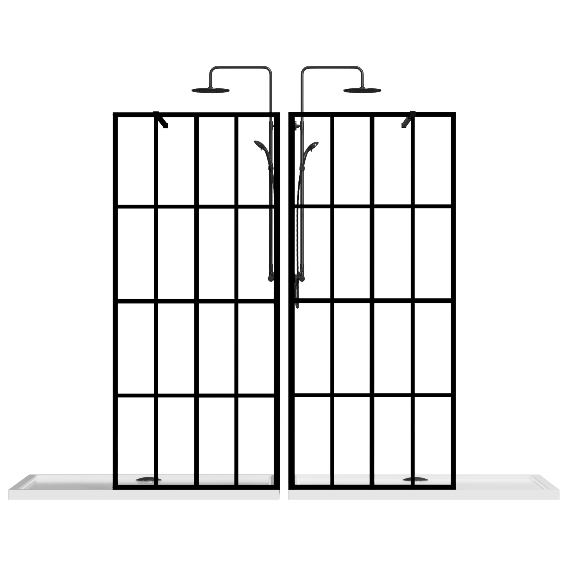 Industrial-style dual shower enclosure with matte black grid frames and overhead rain shower heads. | ACE DECOR