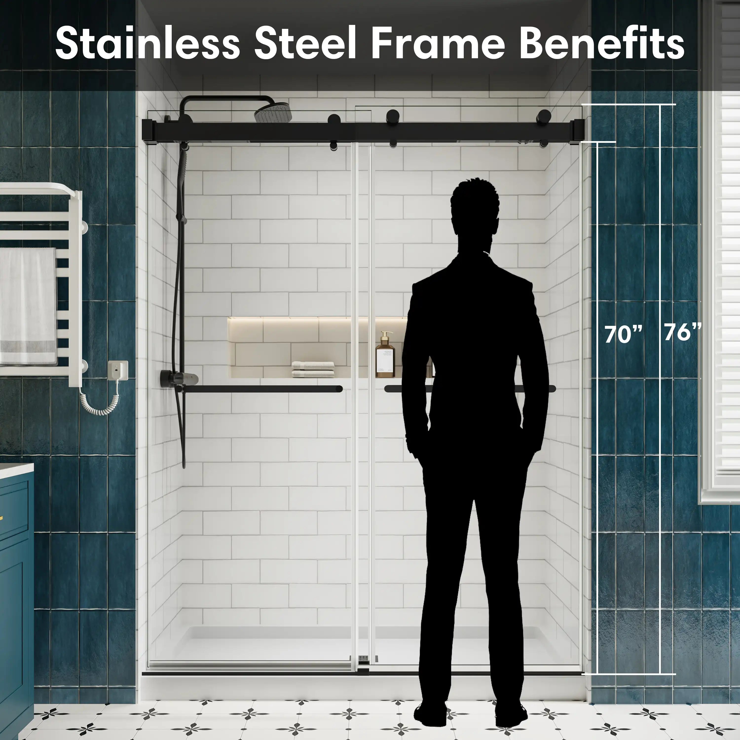 Stainless steel frame on frameless double sliding glass shower doors showing 70 to 76 inch height comparison | Ace Decor