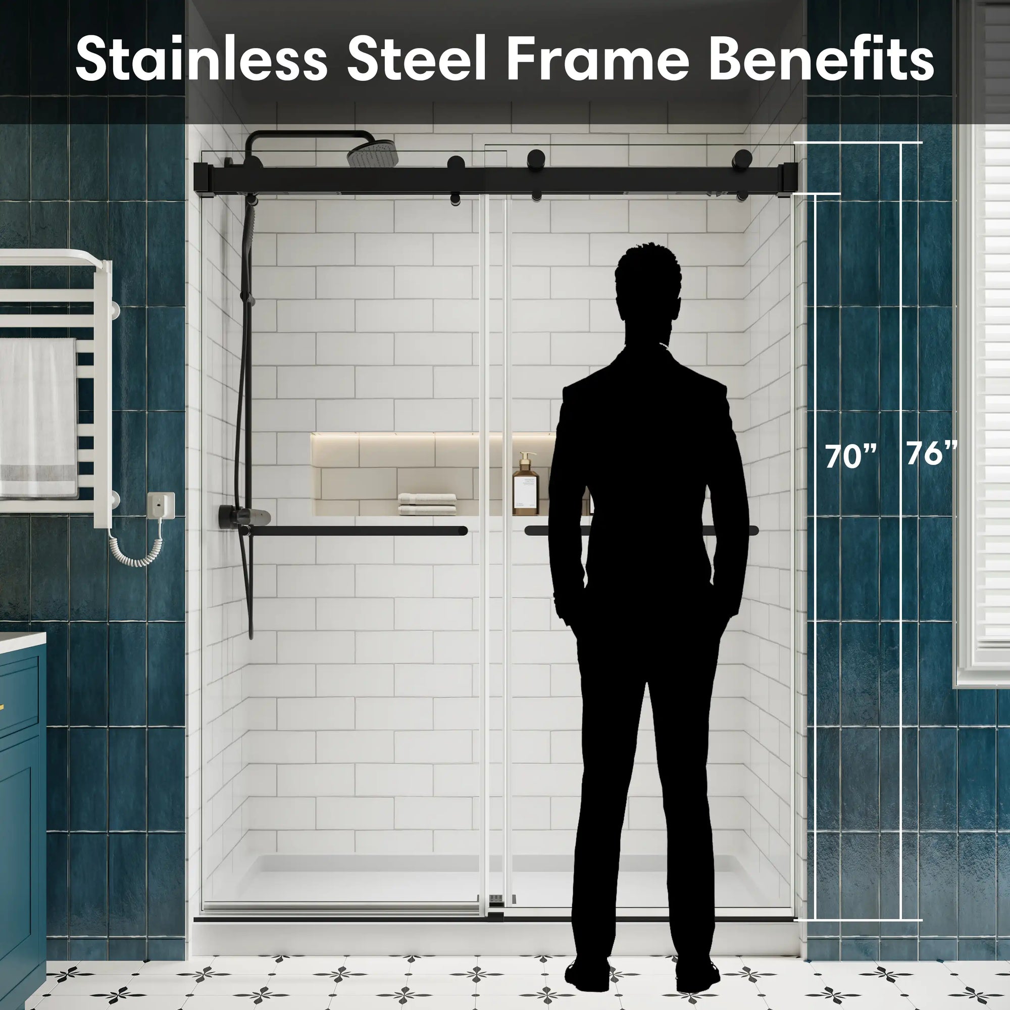 Stainless steel frame on frameless double sliding glass shower doors showing 70 to 76 inch height comparison | Ace Decor