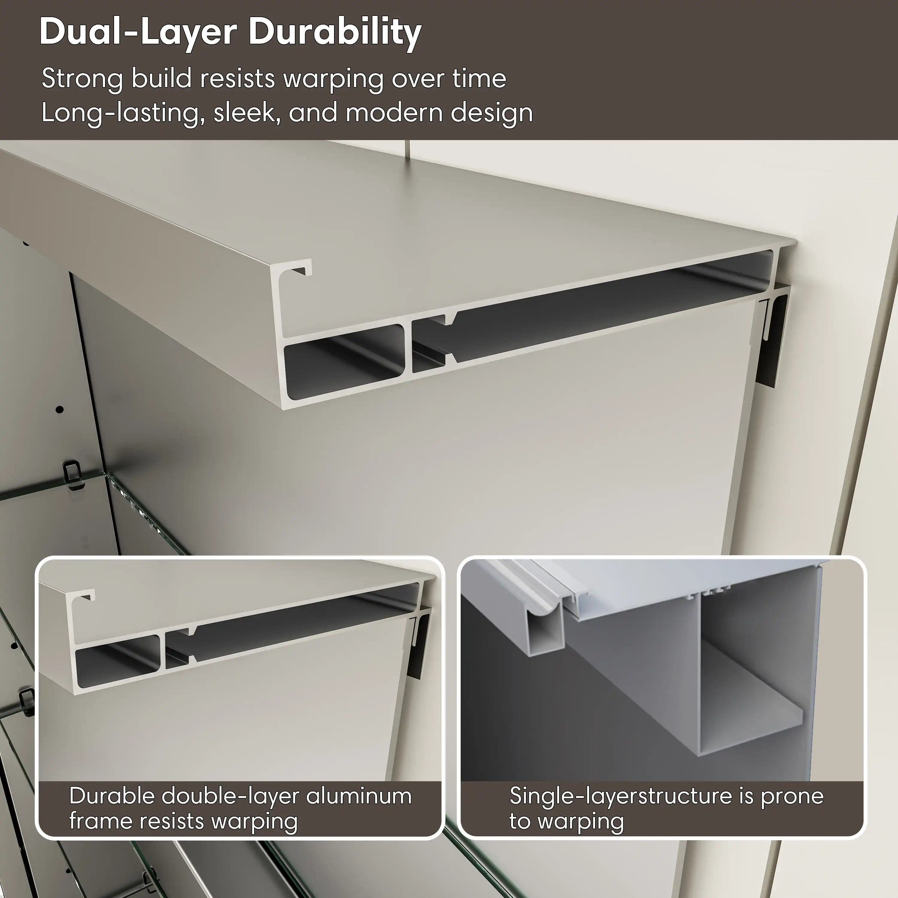 Durable dual-layer aluminum frame of Pro Shower 24x30 Rectangular LED Medicine Cabinet.