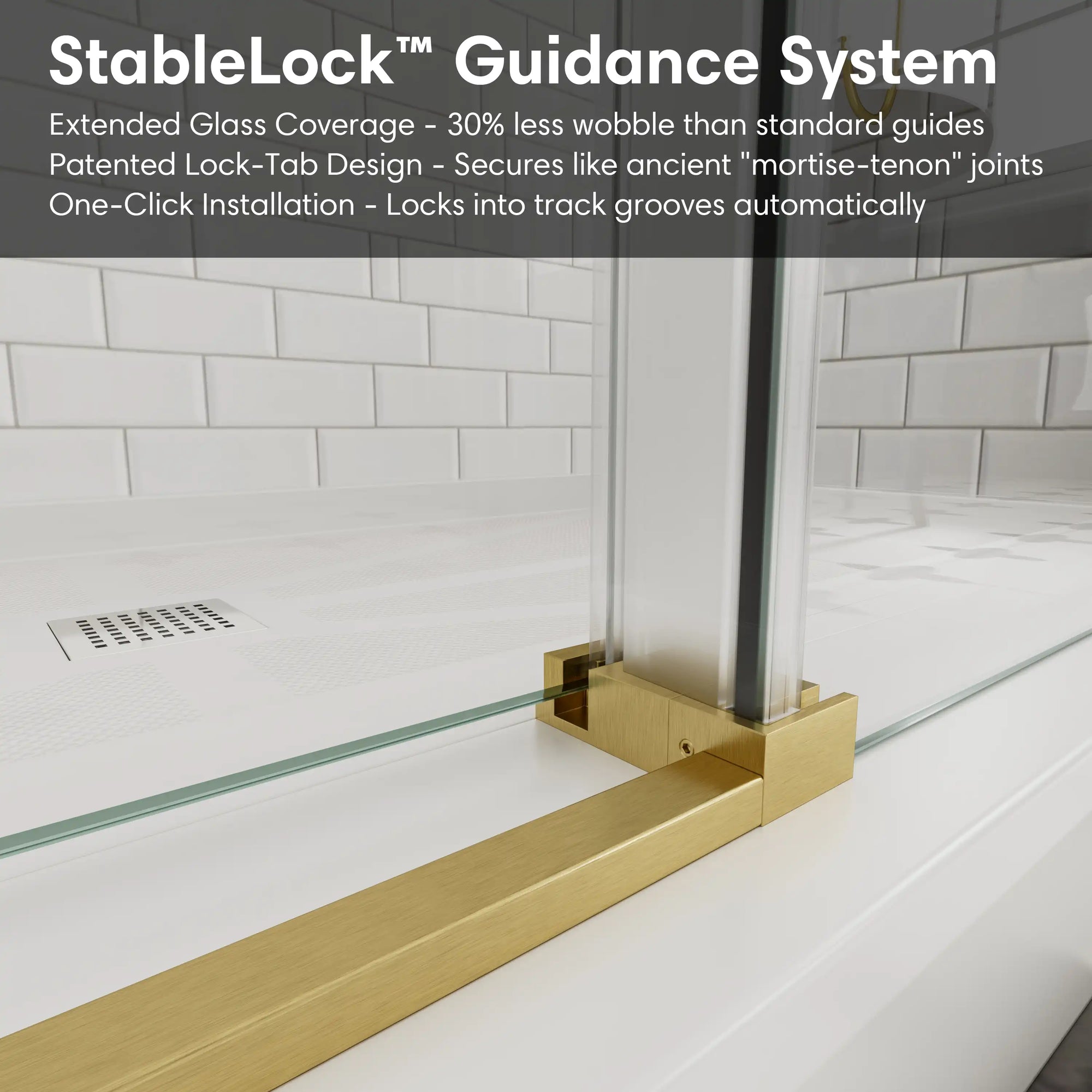 StableLock guidance system at the base of gold frameless shower door, size 60 x 74, ensuring smooth and secure operation | Ace Decor