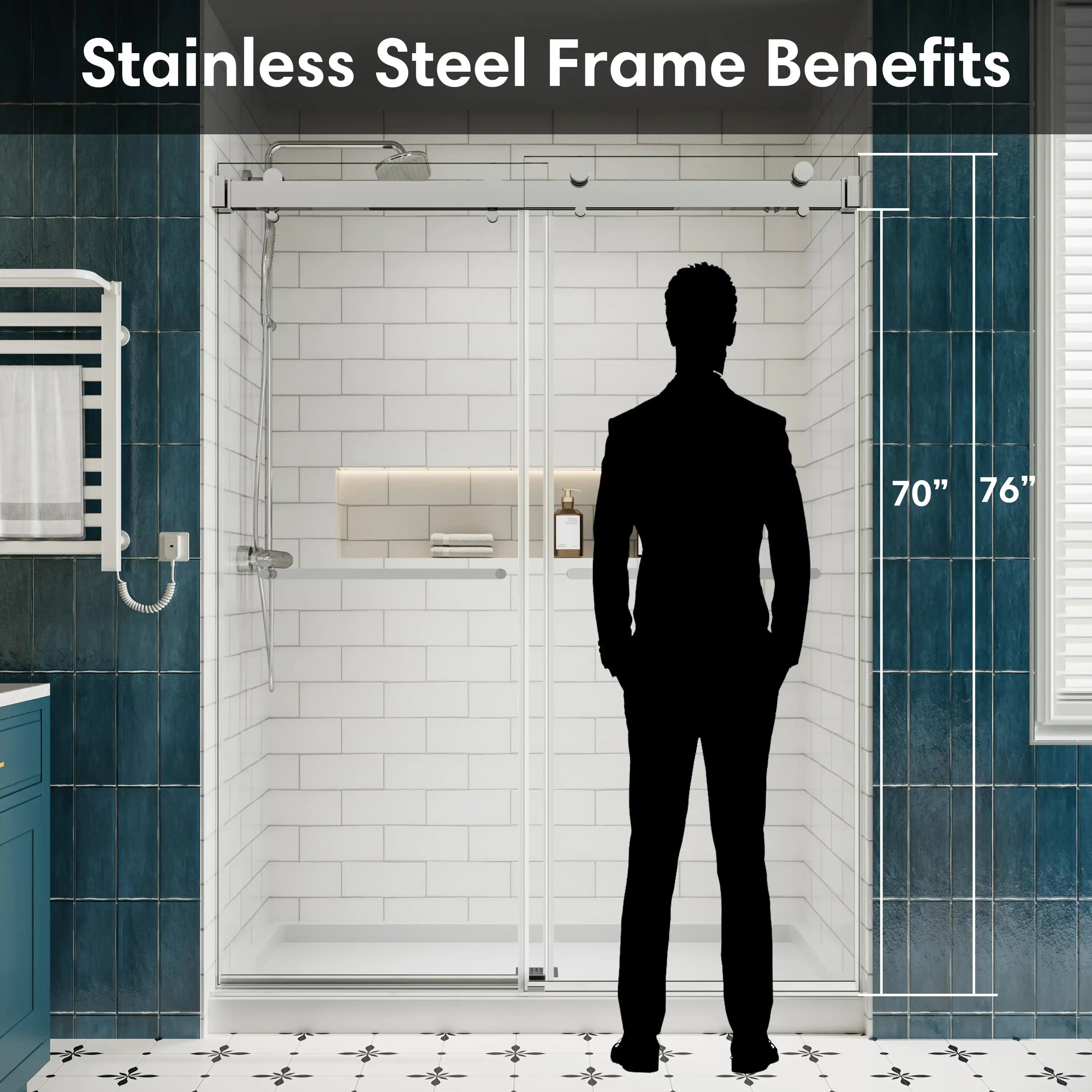 Illustration showing chrome frameless shower door design and walk-in height comparison up to 76 inches with stainless steel frame benefits | Ace Decor