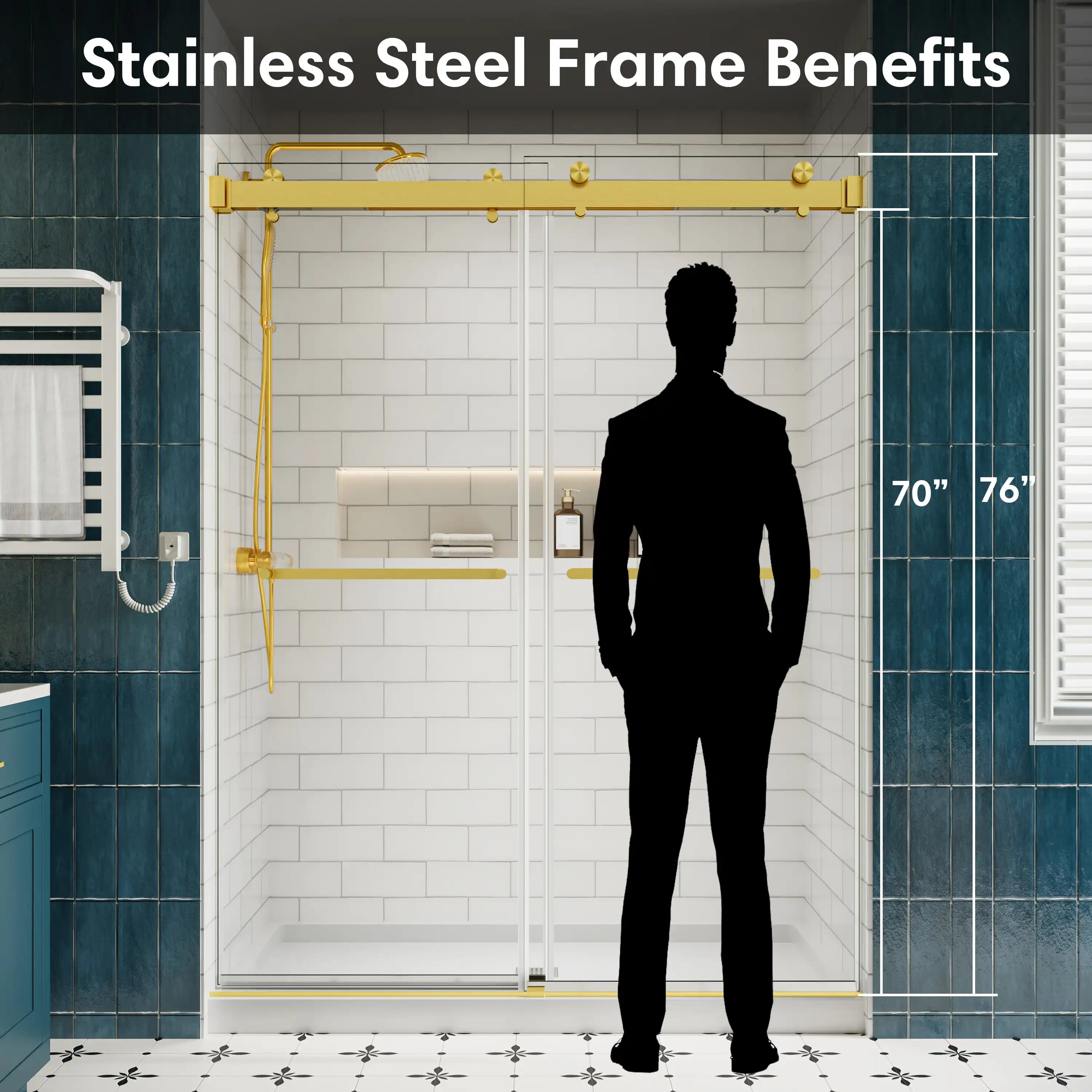 54 x 76 ace bypass frameless double sliding shower doors with stainless steel frame design showing full installation height | Ace Decor