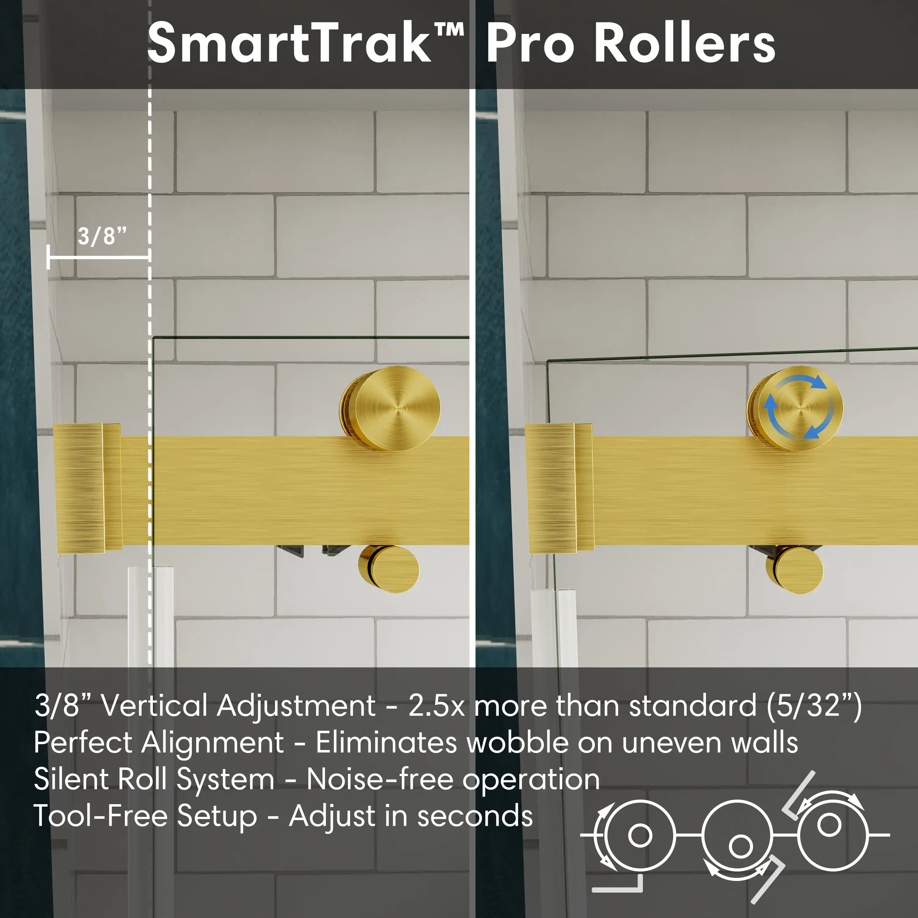 SmartTrak adjustable rollers system for 54 x 76 frameless double sliding shower doors, ensuring smooth and silent alignment | Ace Decor