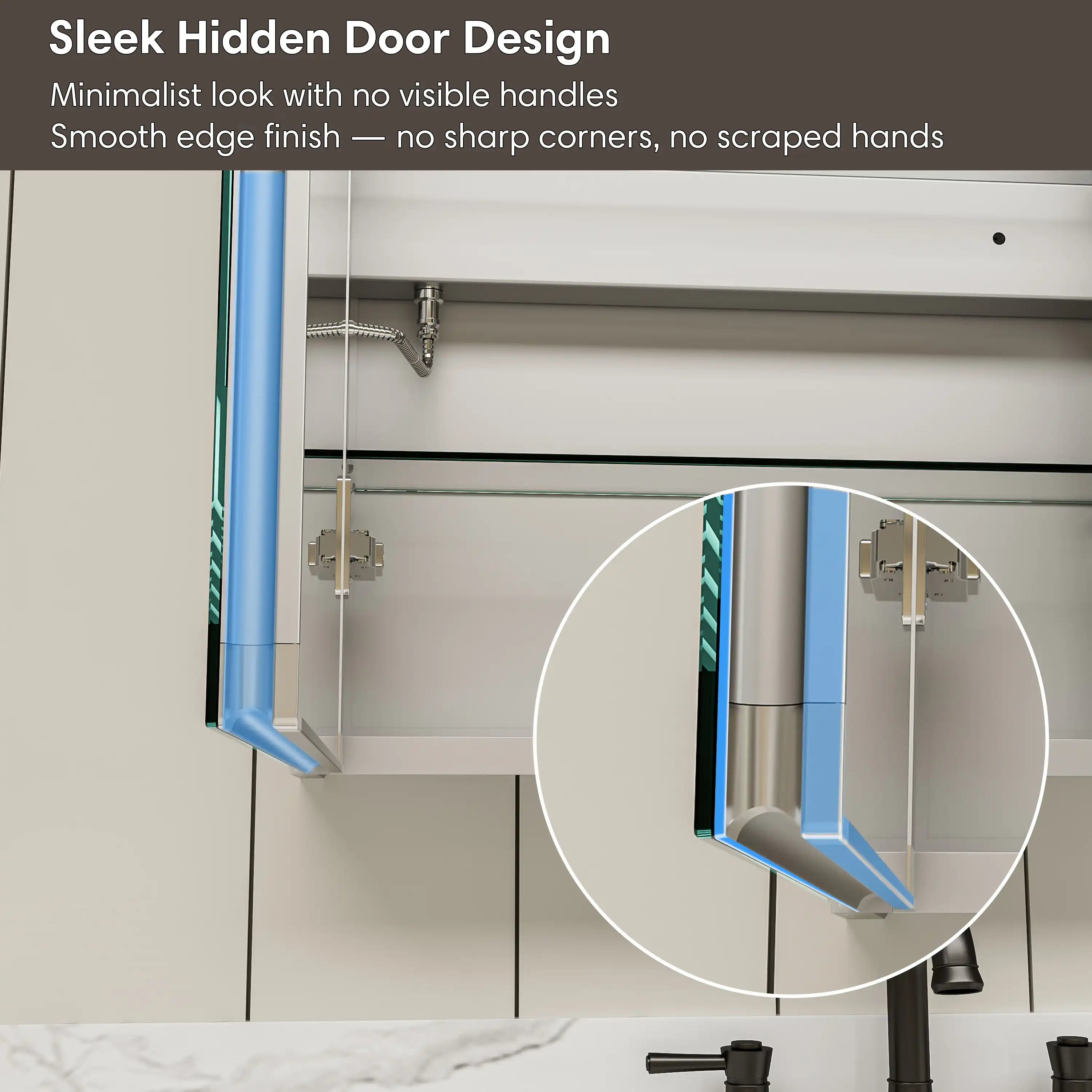 Hidden door handle design on Pro Shower 36x30 LED Medicine Cabinet, minimalist look without visible handles.