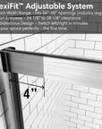FlexiFit adjustable system for the ACE Decor Aurevo-X Series semi-frameless sliding shower door, showing 4-inch width adjustment for 56- to 60-inch finished openings.
