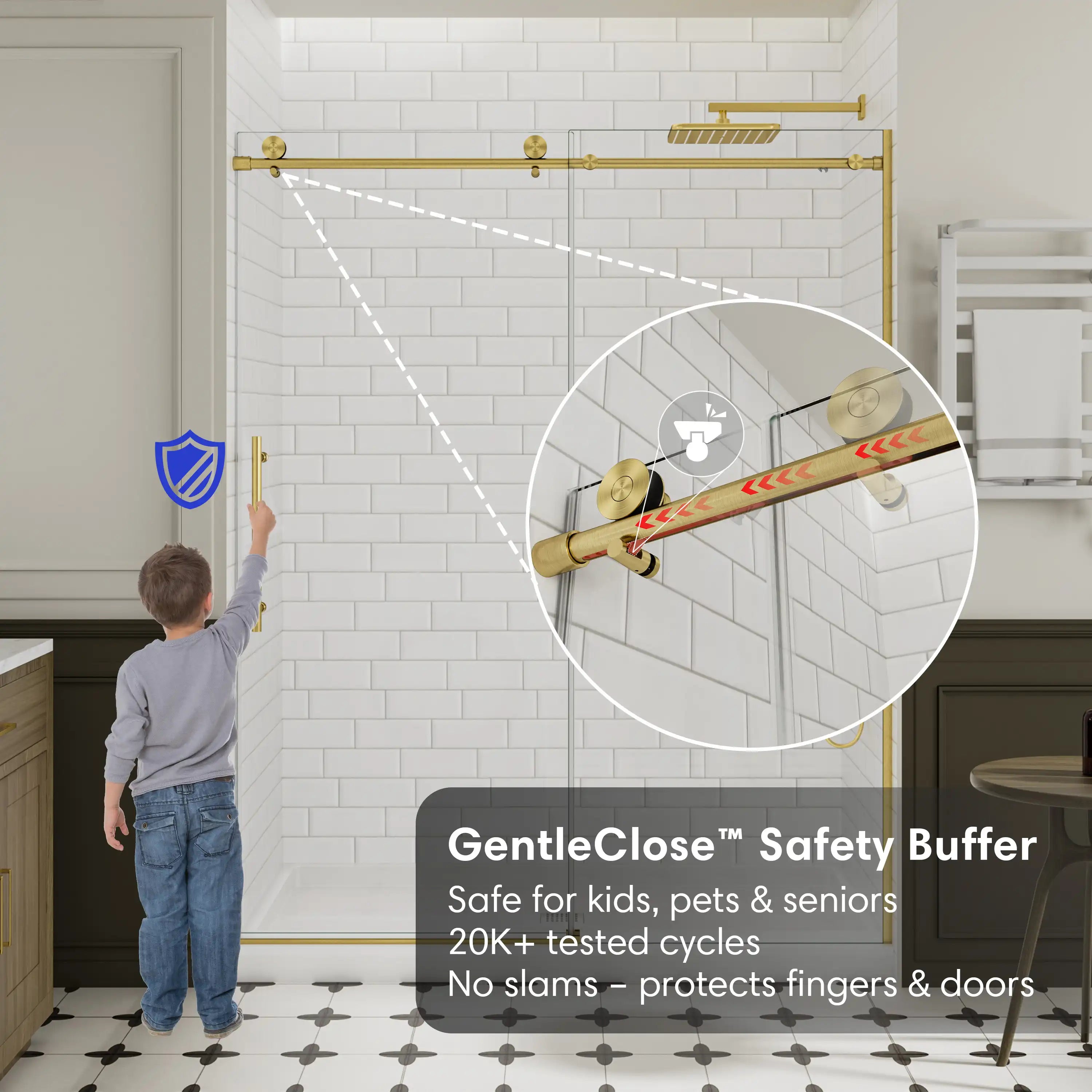 GentleClose safety buffer for gold frameless shower door, size 60 x 74, ensuring soft close and safety protection | Ace Decor