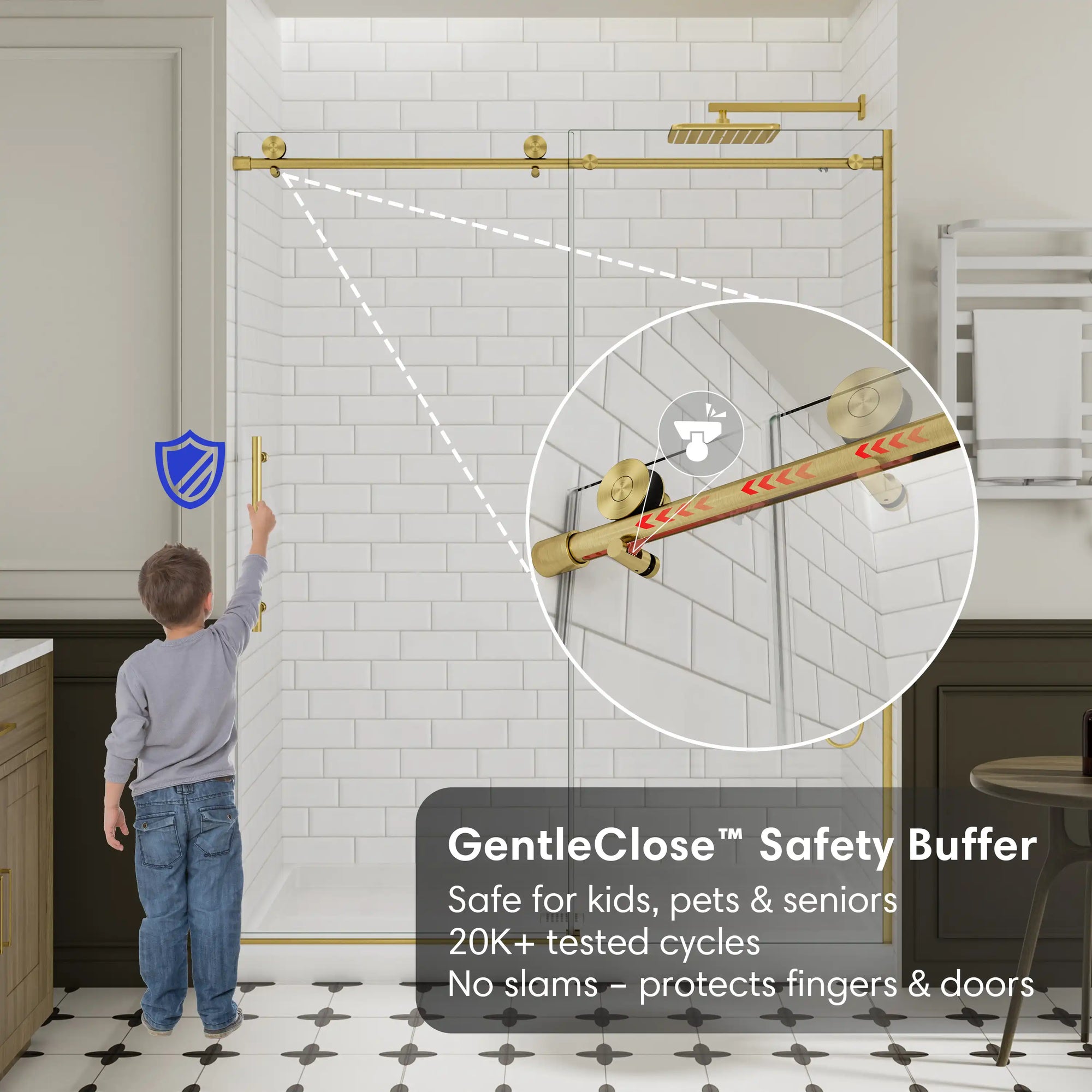 GentleClose safety buffer for gold frameless shower door, size 60 x 74, ensuring soft close and safety protection | Ace Decor