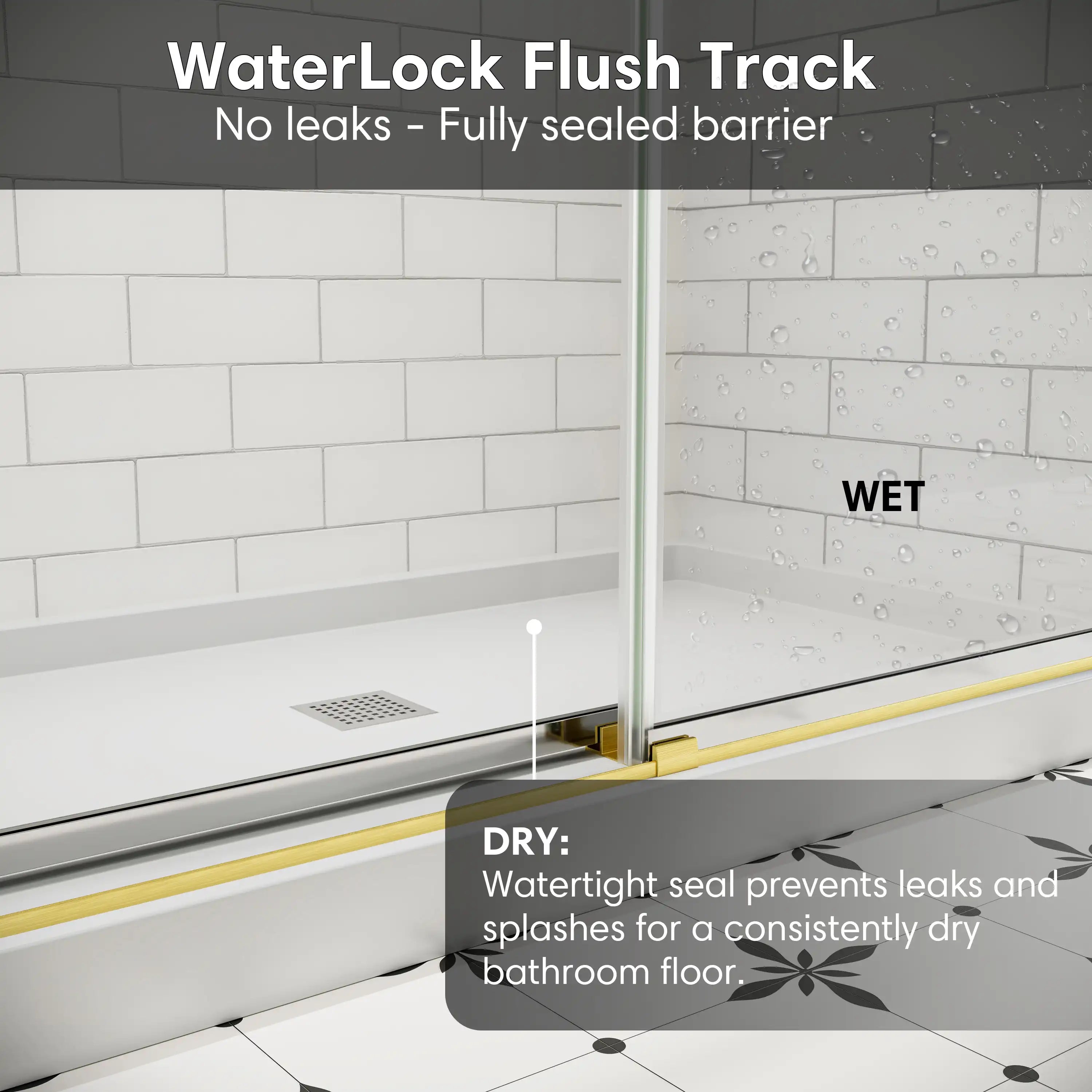 WaterLock flush track design for 54 x 76 frameless double sliding shower doors preventing leaks and keeping bathroom floors dry | Ace Decor