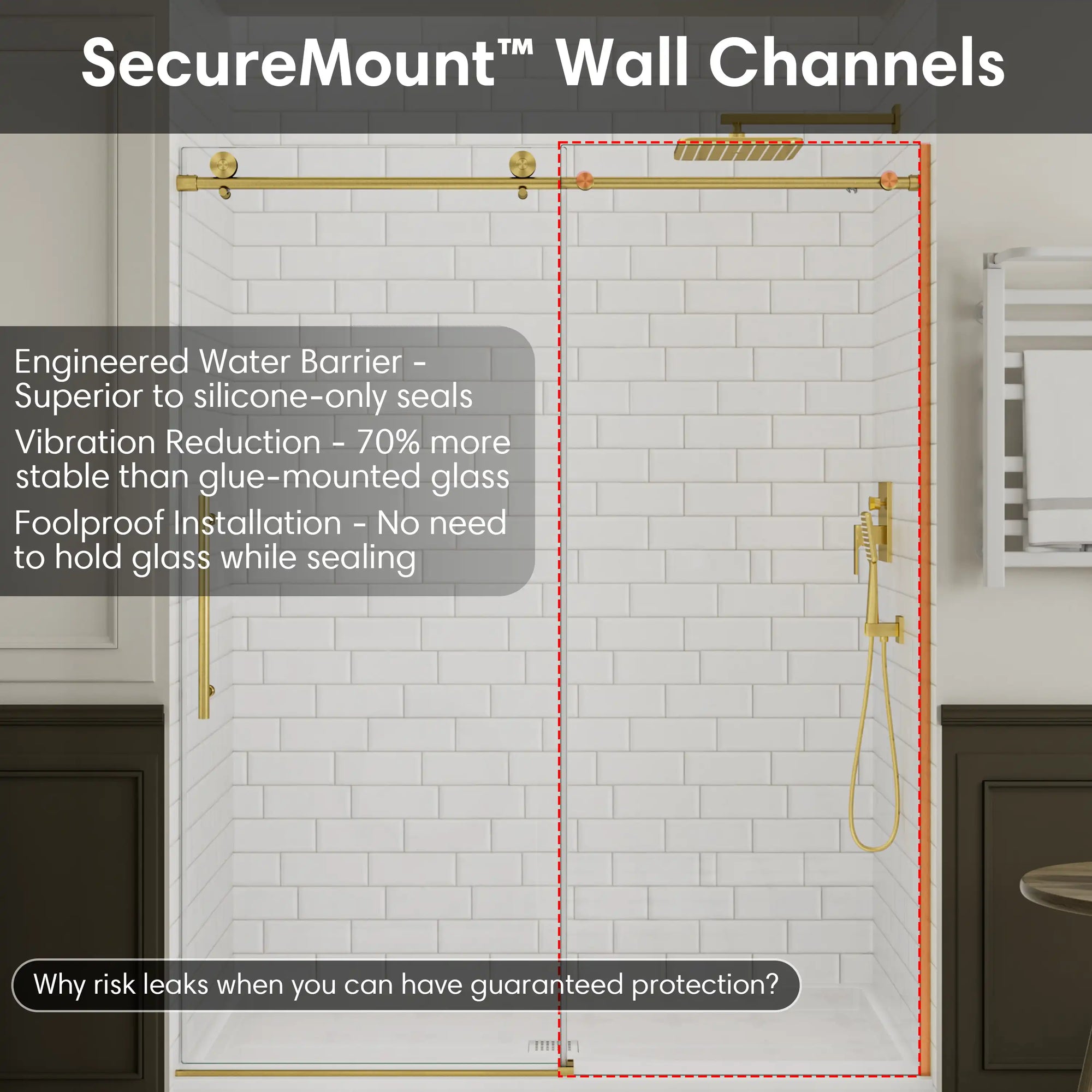 SecureMount wall channels for gold frameless shower door, size 60 x 74, ensuring stable and leak-proof installation | Ace Decor