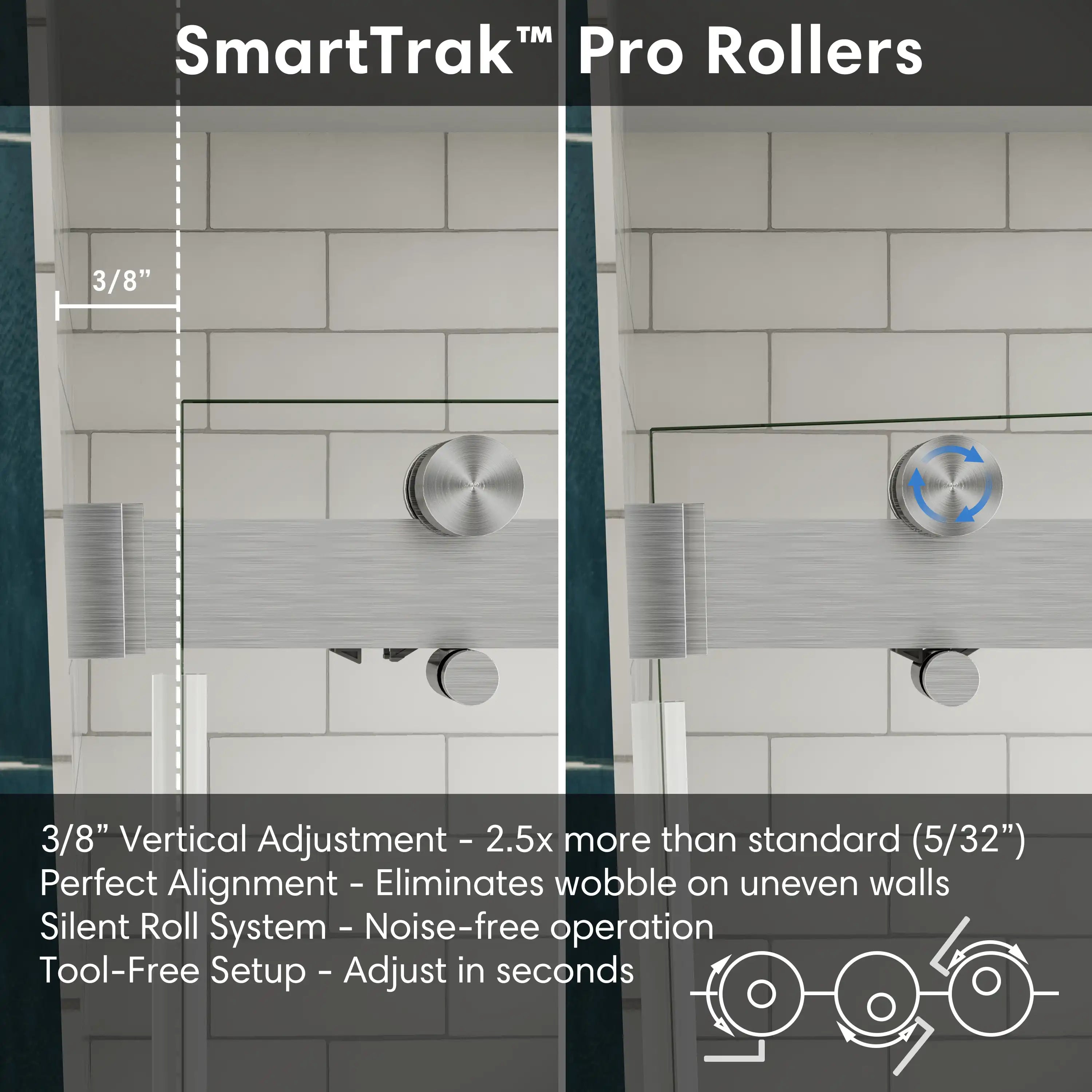 Brushed nickel SmartTrak Pro Rollers showing adjustable eccentric rollers for perfect alignment and smooth sliding on frameless shower doors | Ace Decor