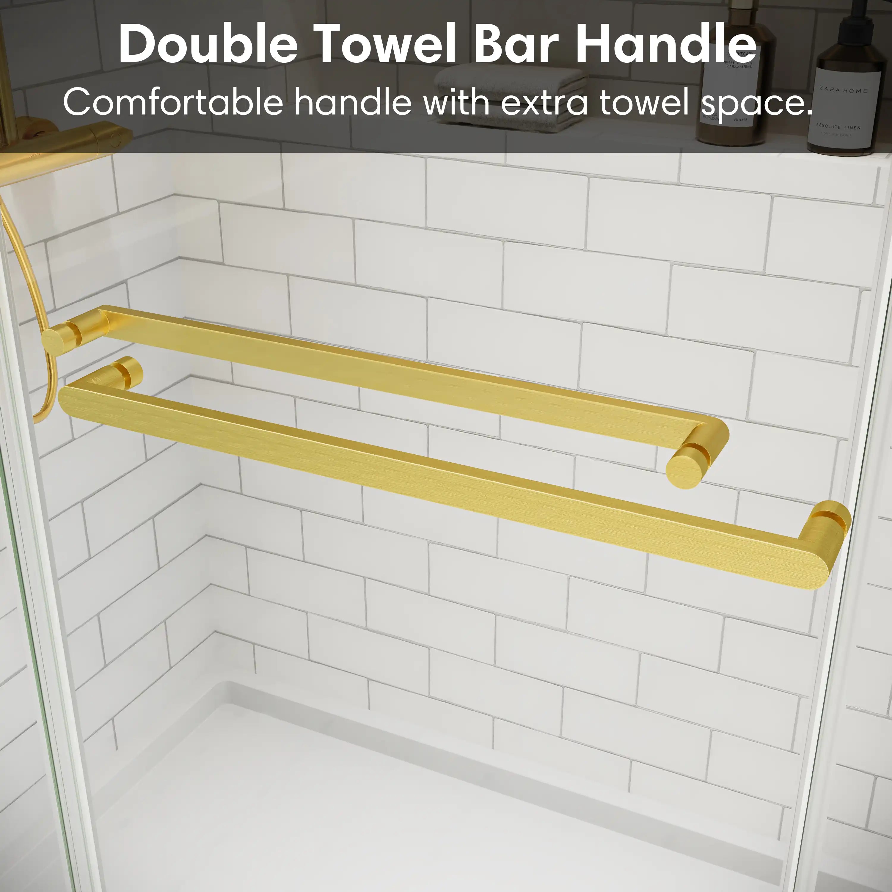 Double towel bar handle design for frameless double sliding shower doors, offering comfortable grip and extra towel space | Ace Decor