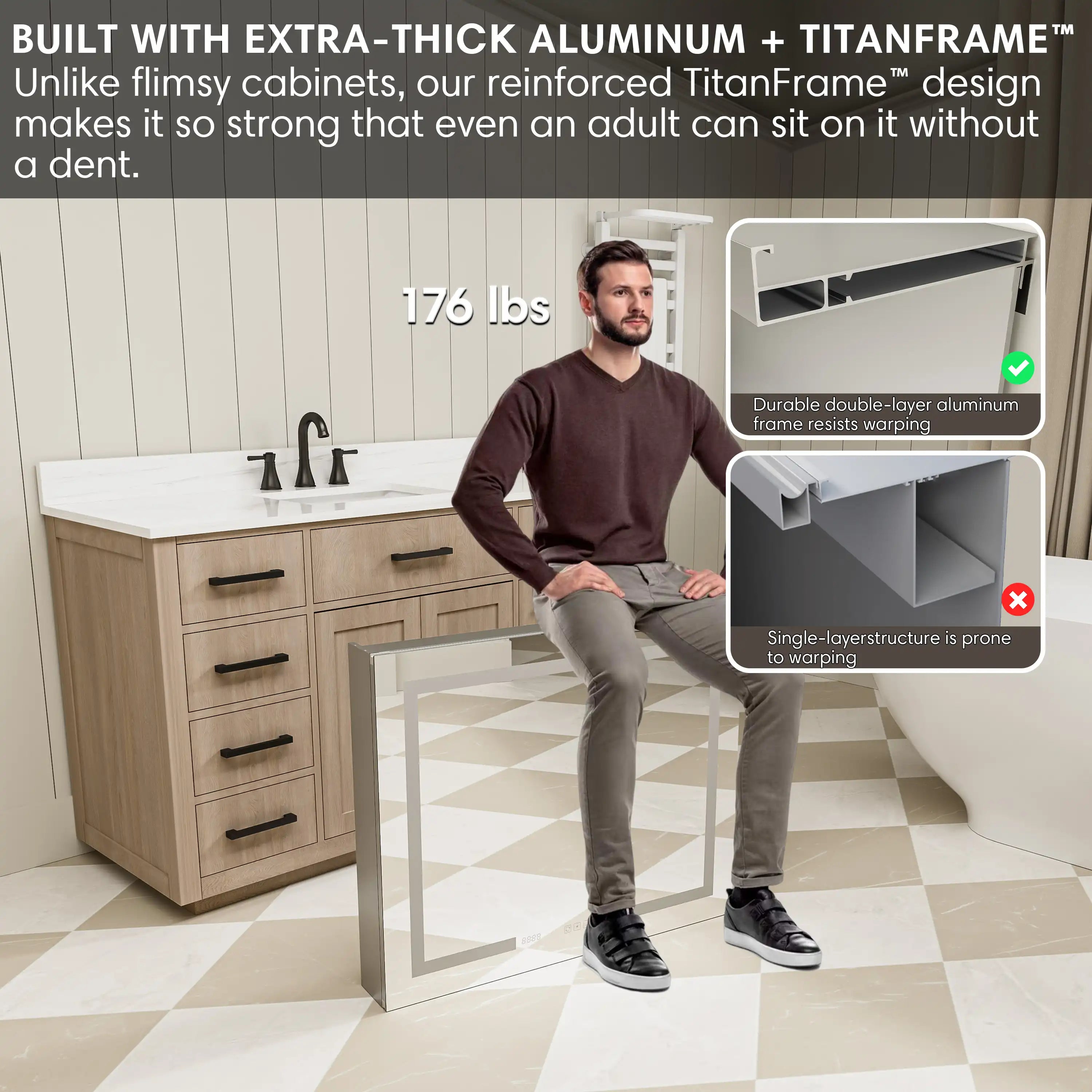 Reinforced aluminum medicine cabinet frame supports 176 lbs