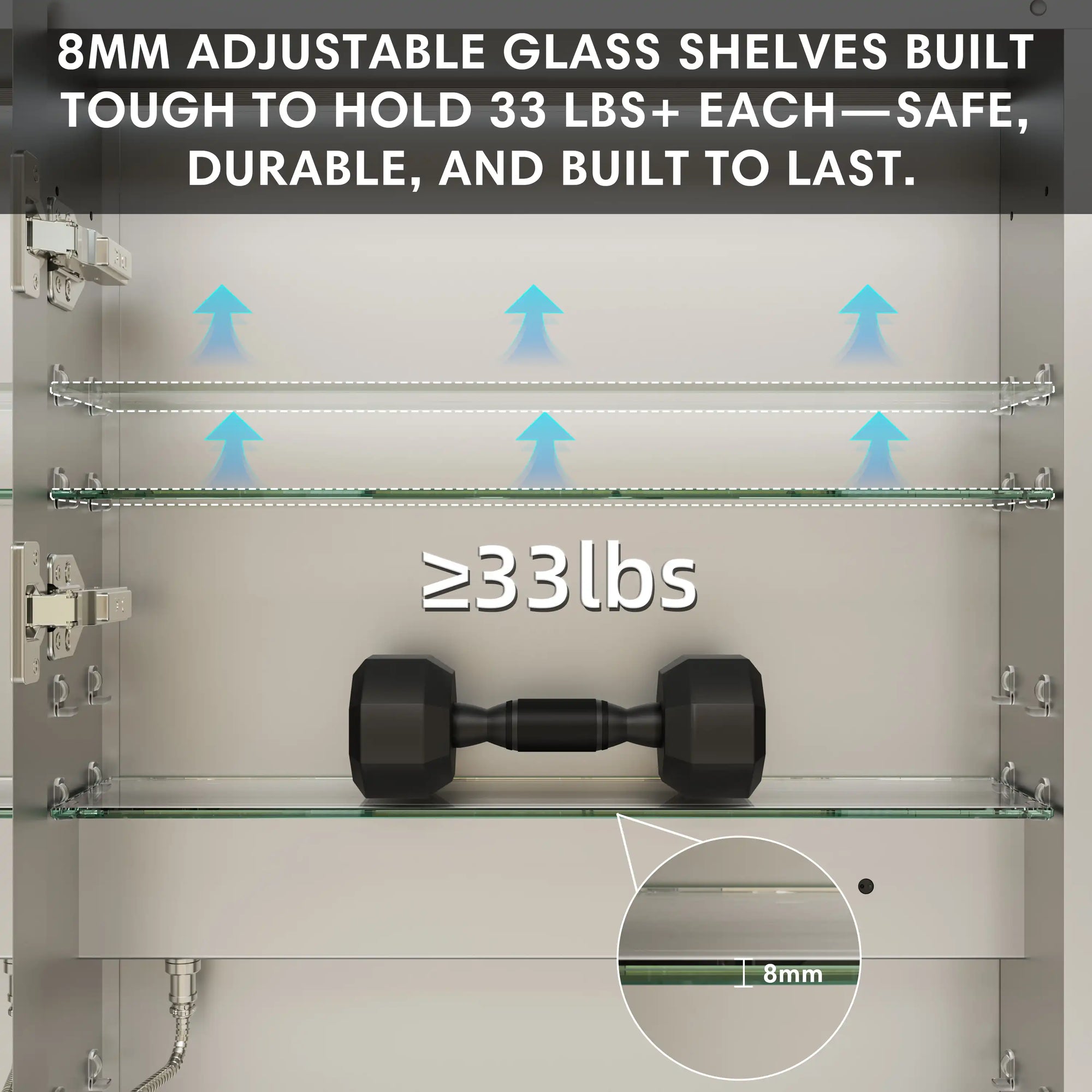 Medicine cabinet with strong glass shelves