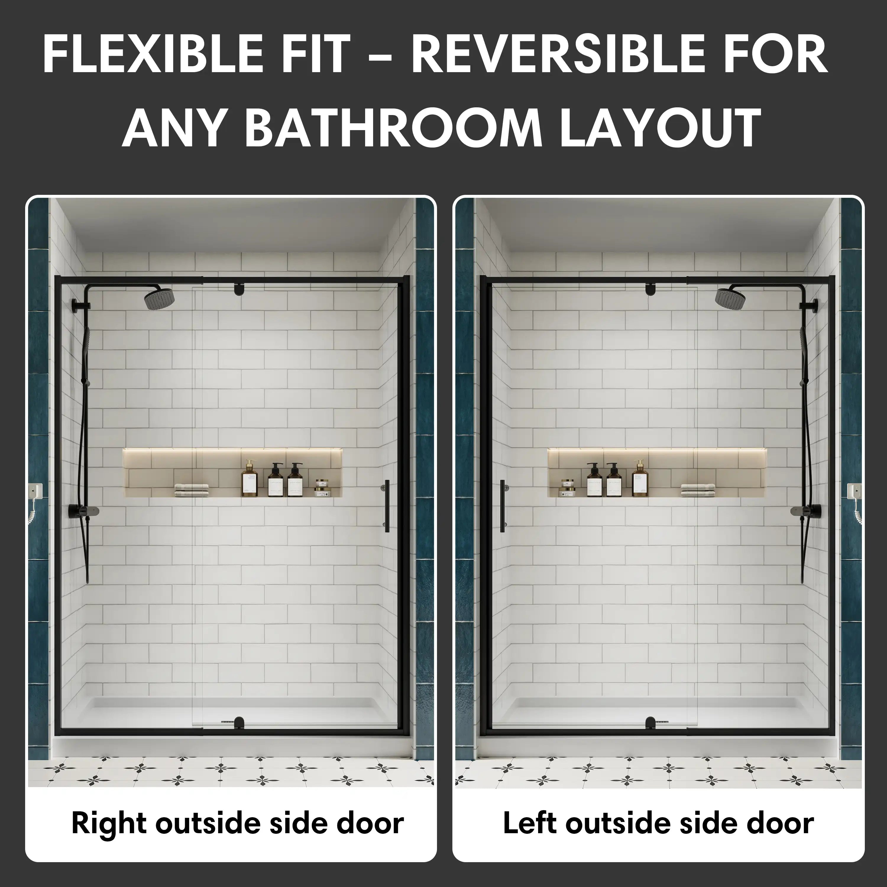 Reversible installation option for 36 x 72 36 pivot shower door, fits left or right bathroom layouts | Ace Decor