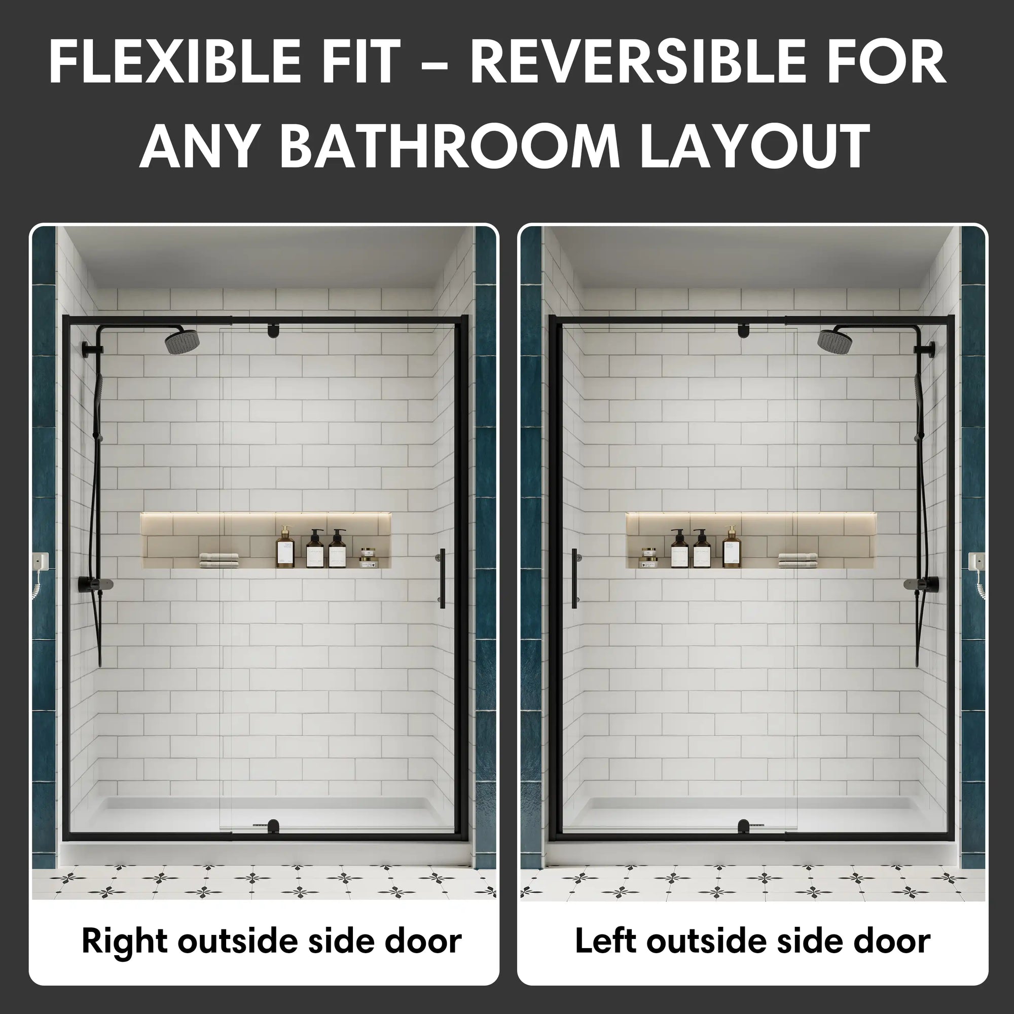 Reversible installation option for 36 x 72 36 pivot shower door, fits left or right bathroom layouts | Ace Decor