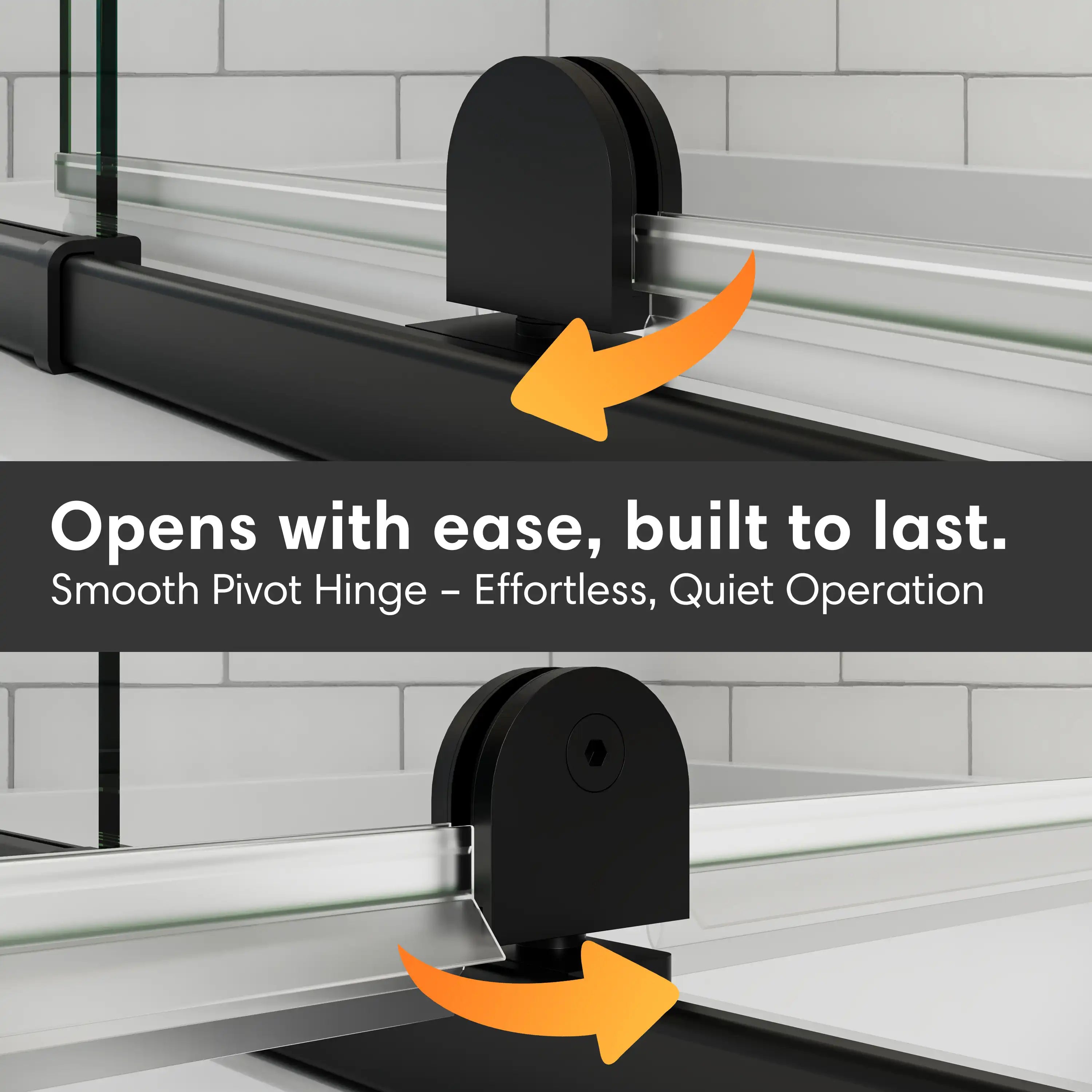 Smooth pivot hinge detail of 36 x 72 36 pivot shower door, designed for effortless and quiet operation | Ace Decor
