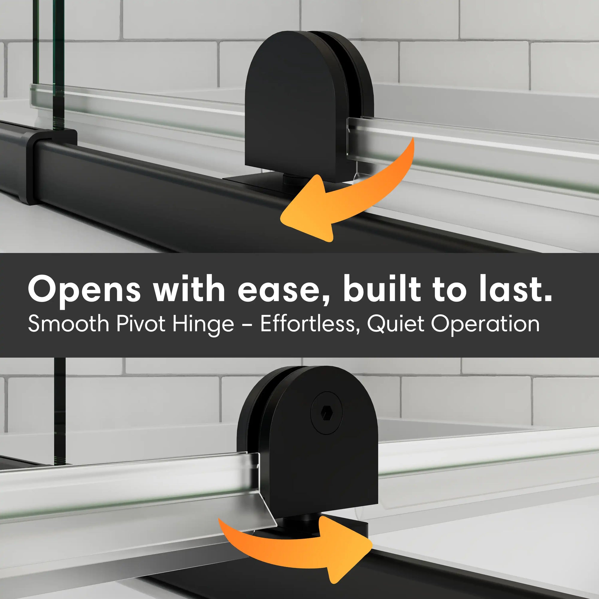 Smooth pivot hinge detail of 36 x 72 36 pivot shower door, designed for effortless and quiet operation | Ace Decor