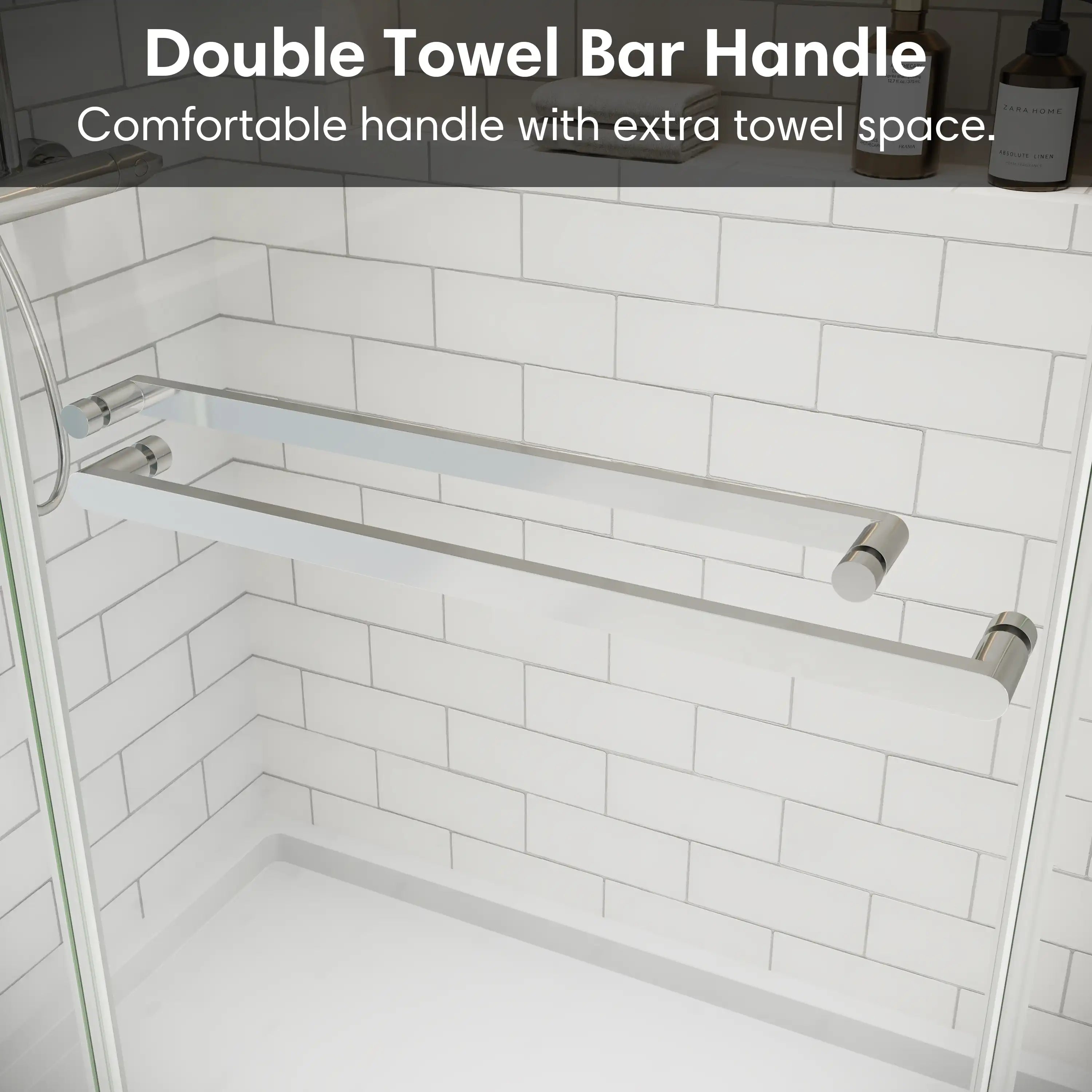 Chrome frameless shower door featuring double towel bar handle for added towel storage and comfortable grip | Ace Decor