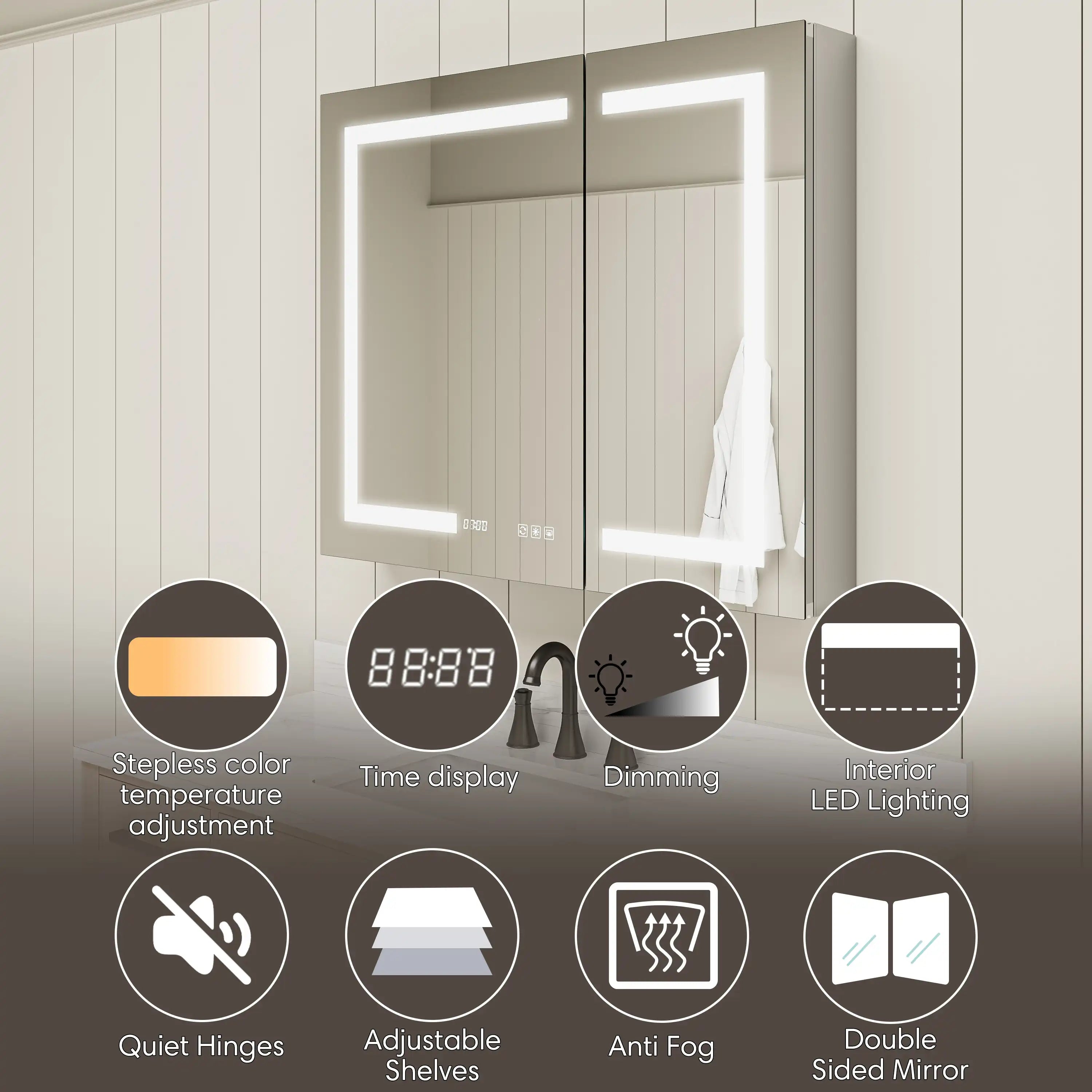 Pro Shower 36x30 LED Medicine Cabinet with mirror, LED lighting, time display, anti-fog, storage shelves and dual side mirrors.