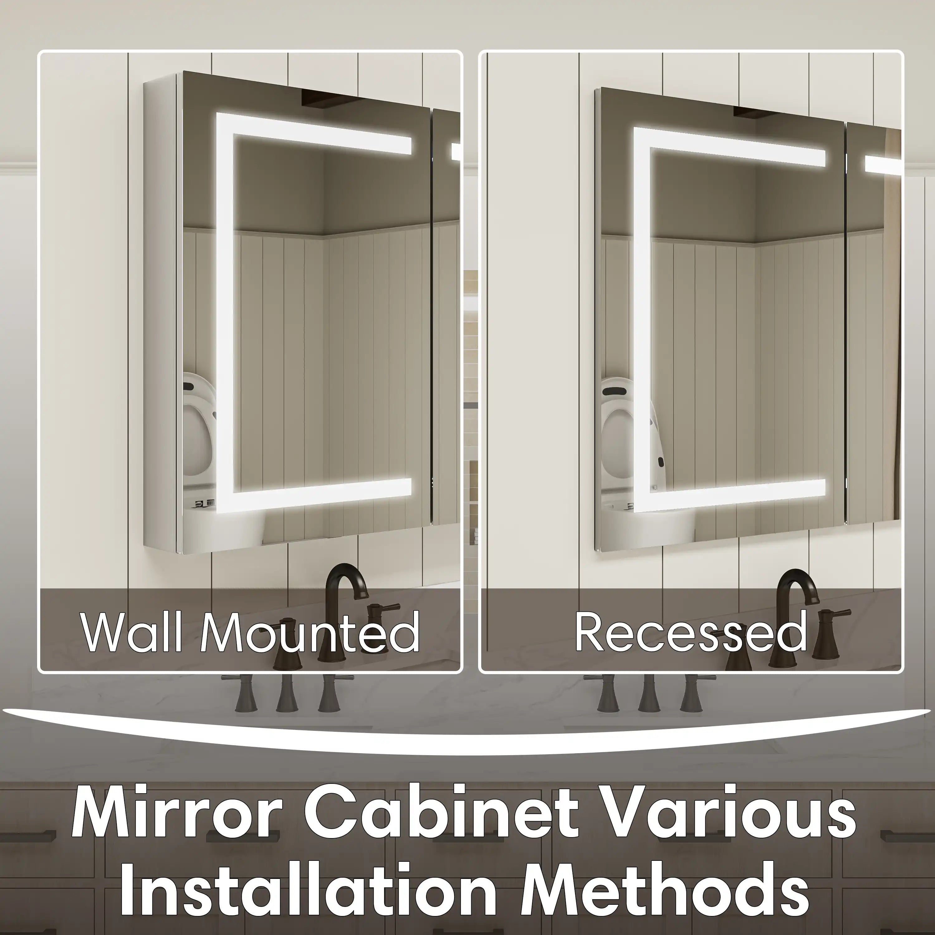 Pro Shower 48x30/60x30 LED Medicine Cabinet supports recessed or wall-mounted installation.