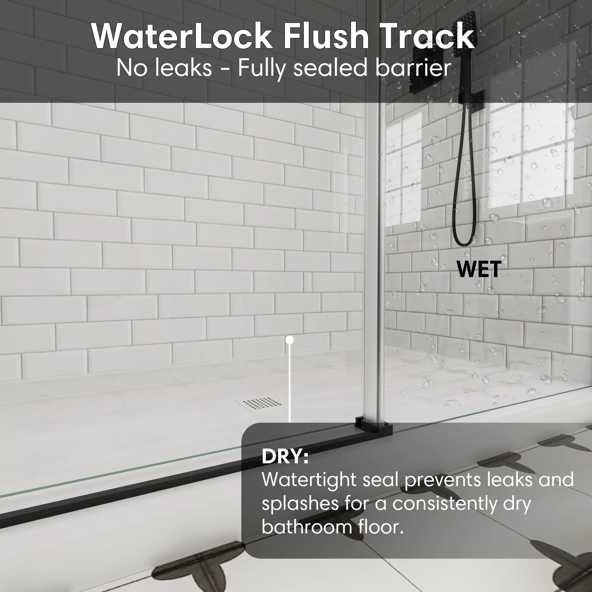 WaterLock flush track at the base of black frameless sliding shower door, size 60 x 74, showing waterproof seal for dry bathroom floor | Ace Decor
