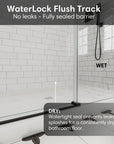 WaterLock flush track at the base of black frameless sliding shower door, size 60 x 74, showing waterproof seal for dry bathroom floor | Ace Decor