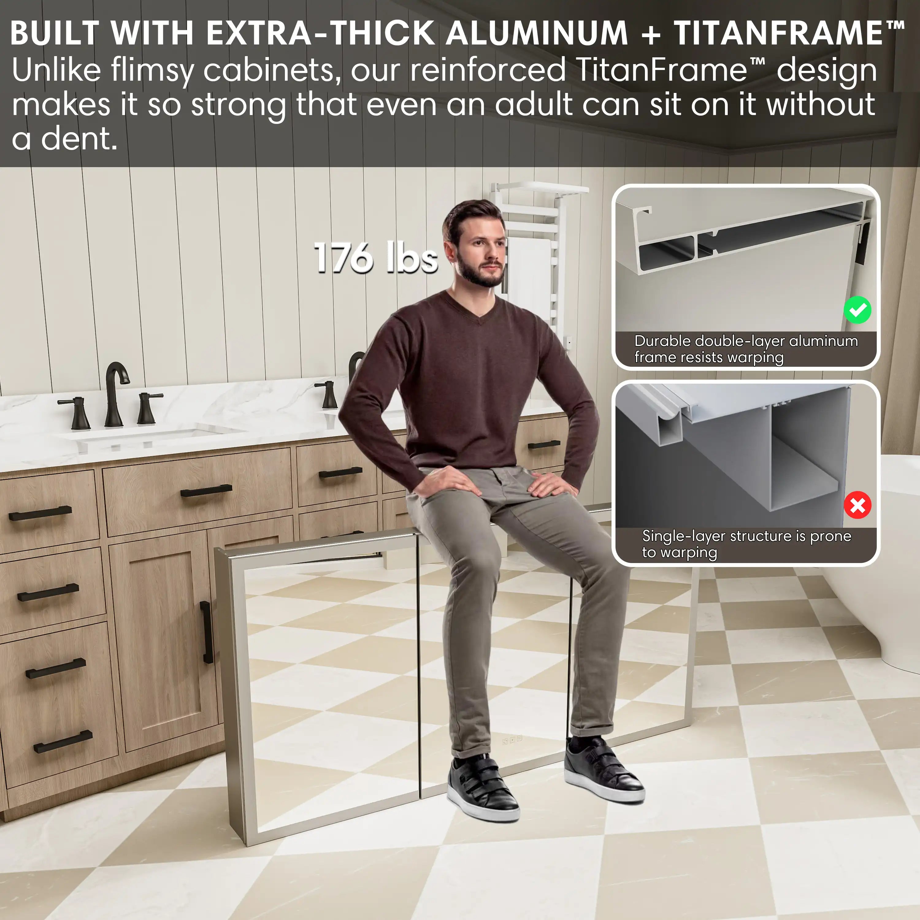Triple-door medicine cabinet with reinforced aluminum frame, weight bearing demo