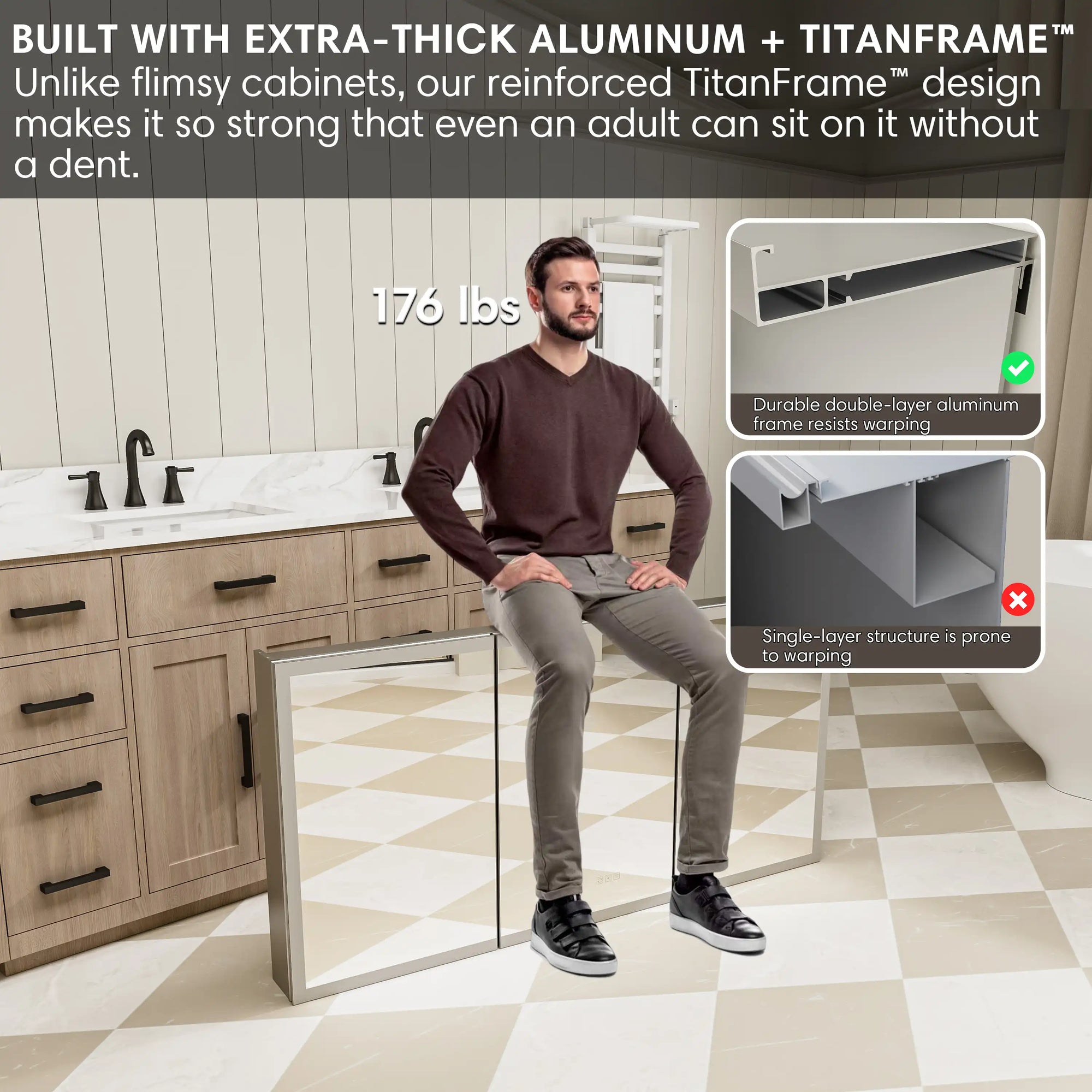 Triple-door medicine cabinet with reinforced aluminum frame, weight bearing demo