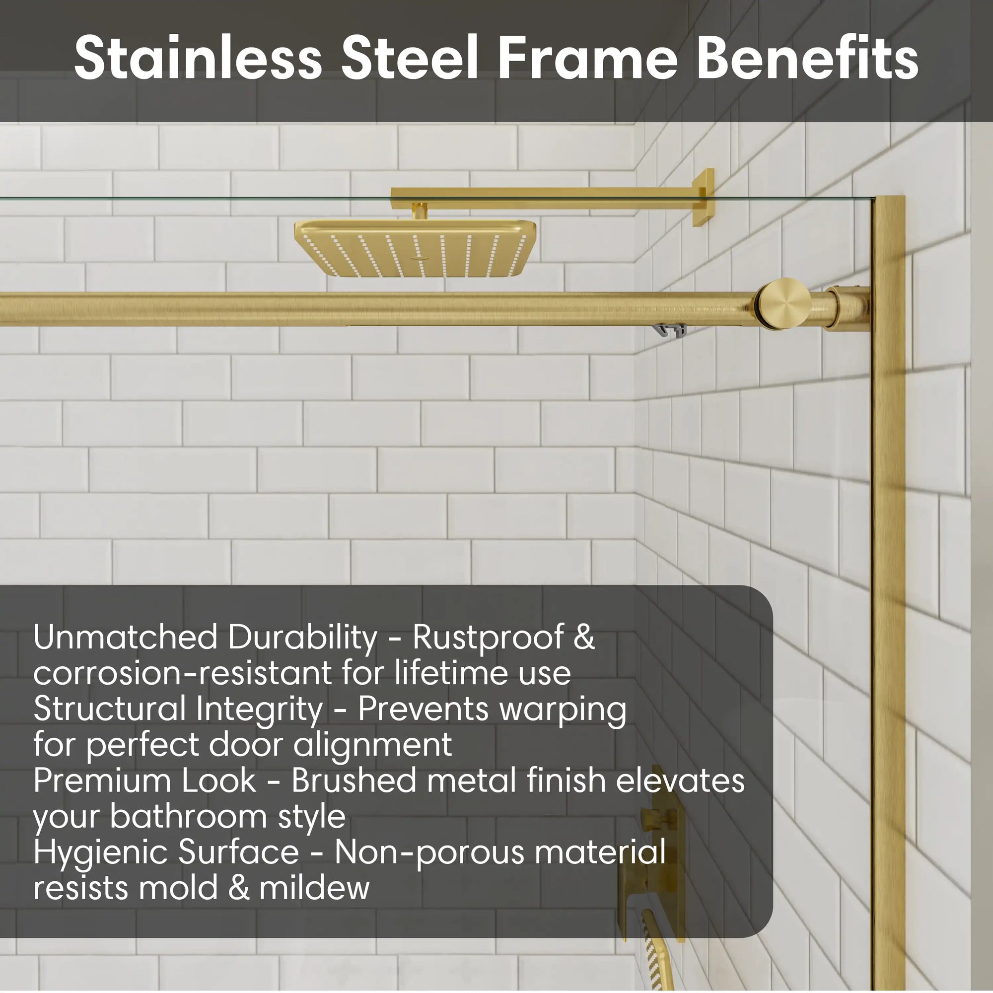 Stainless steel top frame benefits of gold frameless shower door, size 60 x 74 | Ace Decor