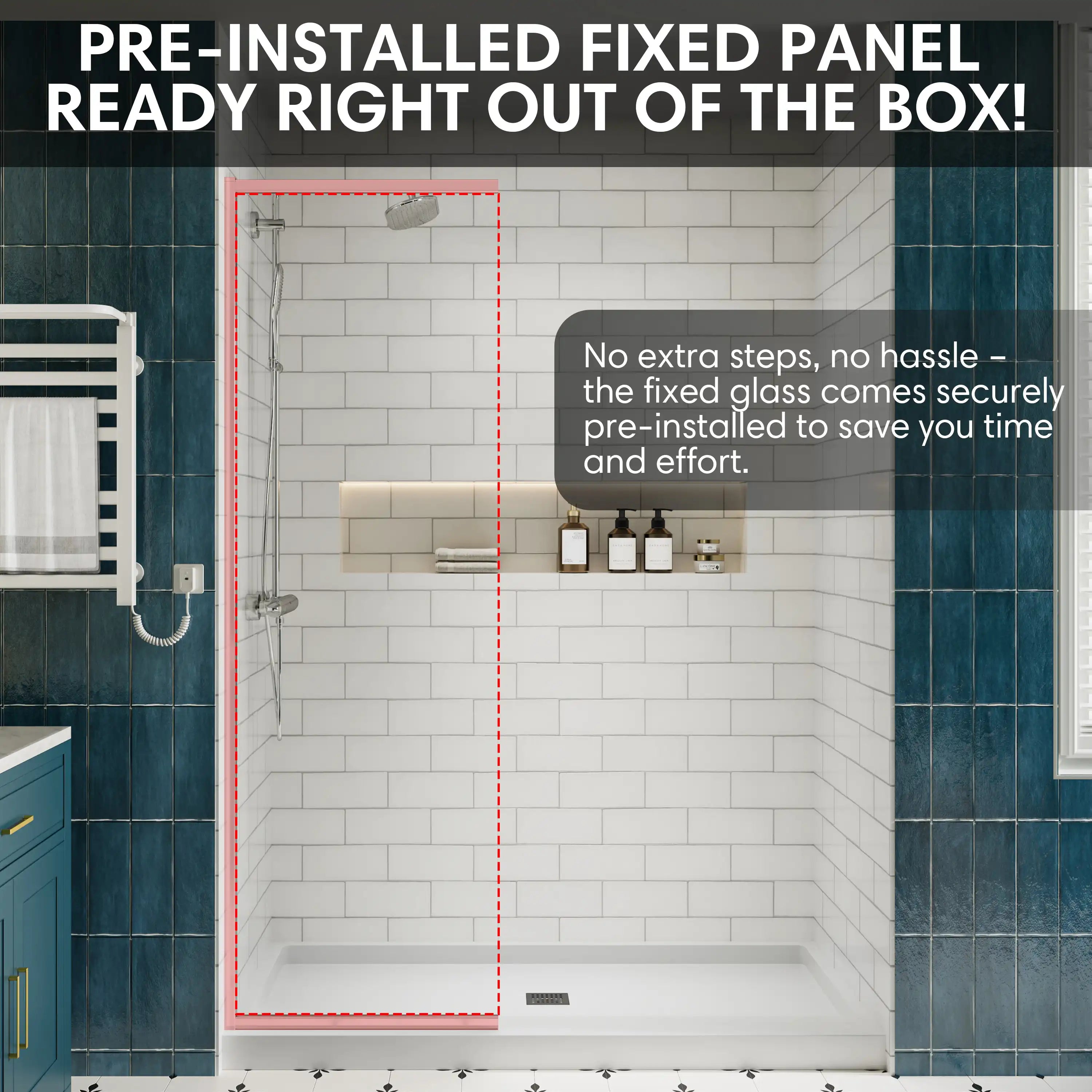 Pre-installed fixed panel of pivot shower door, ready to use out of the box for quick installation | Ace Decor
