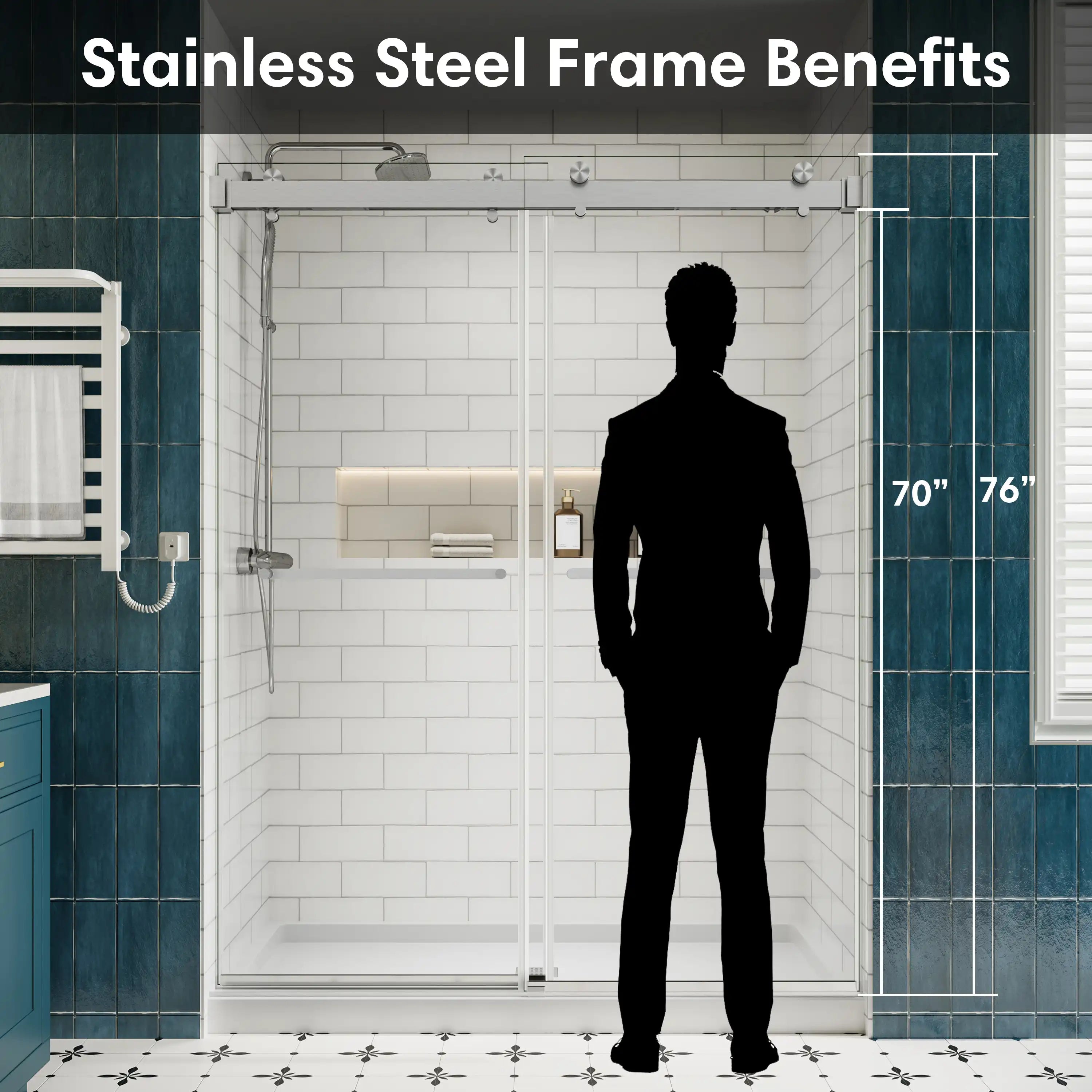 Brushed nickel stainless steel frameless shower door showcasing height comparison from 70 to 76 inches for walk-in design | Ace Decor