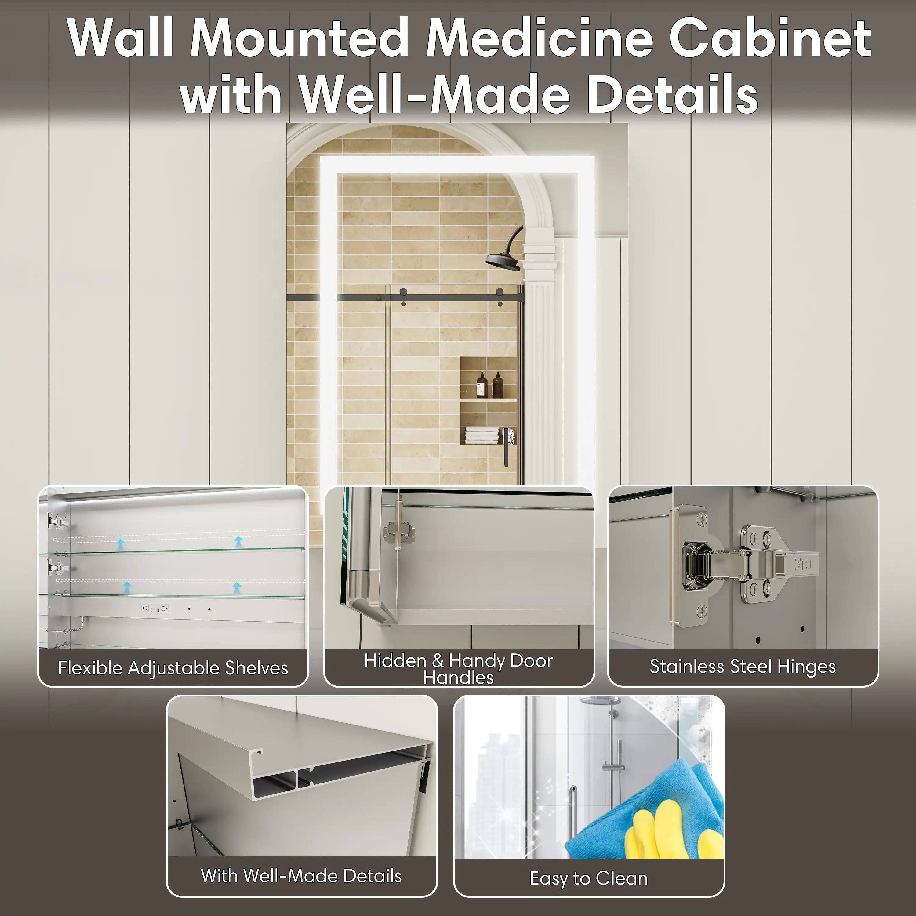 Pro Shower 24x30 LED Medicine Cabinet with premium hardware, adjustable glass shelves, and easy-to-clean design.